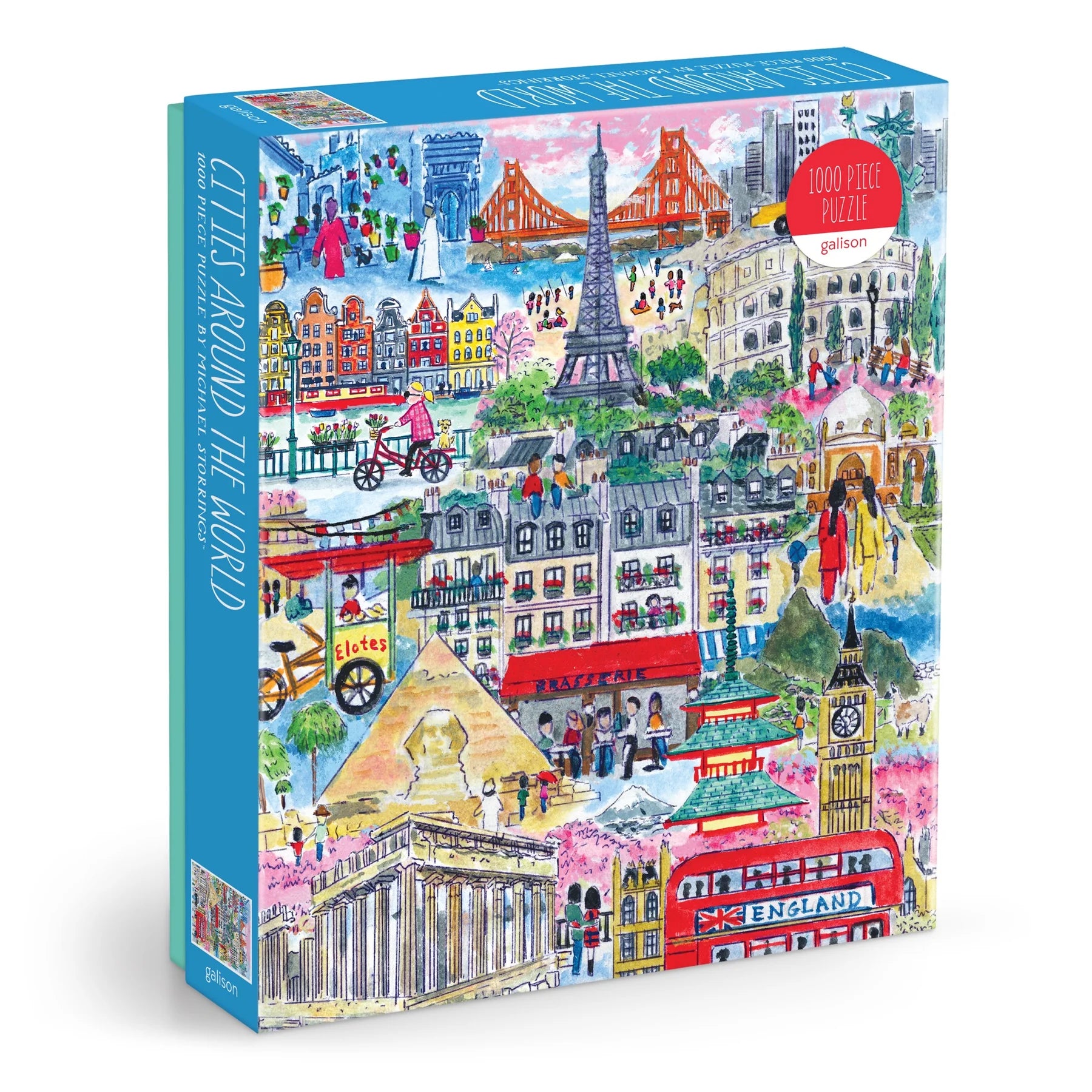 Jigsaw puzzle box featuring world landmarks on a white background