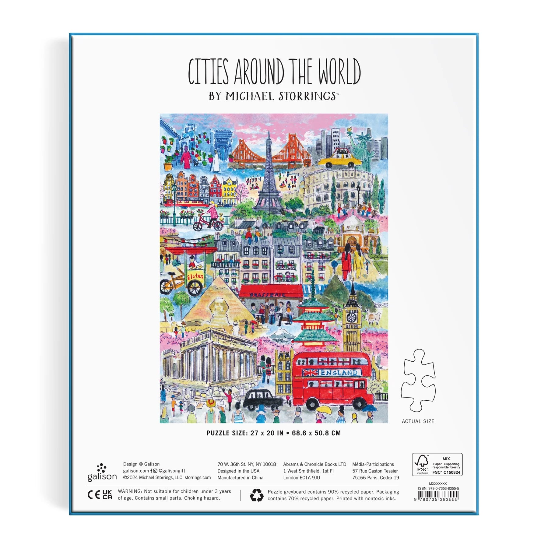 Puzzle box featuring illustrations of famous cities around the world by Michael Storrings.