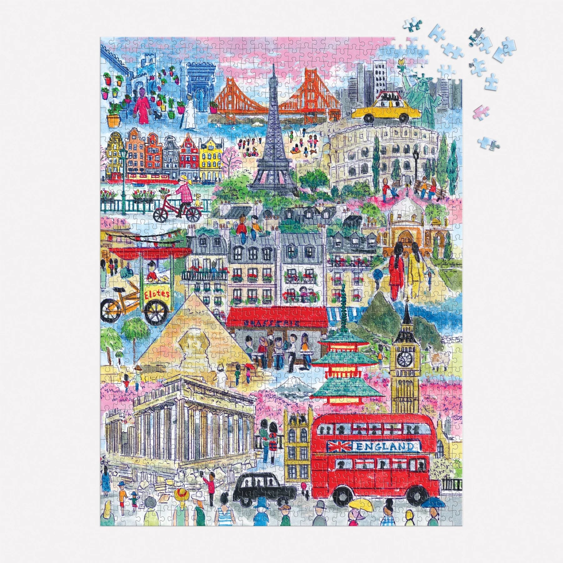 Colorful puzzle with a collage of famous landmarks from around the world.