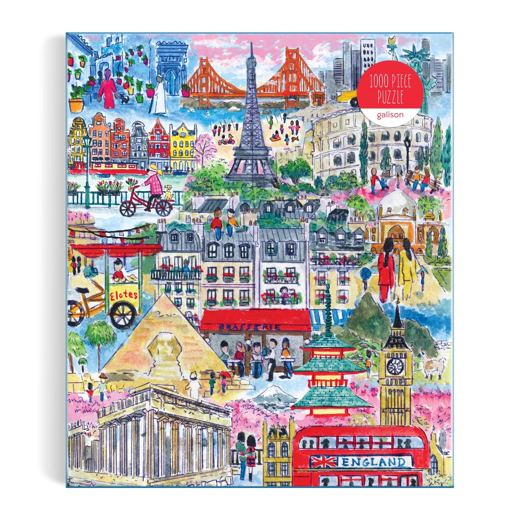 Globetrotter puzzle packaging with colorful illustrations of famous landmarks.