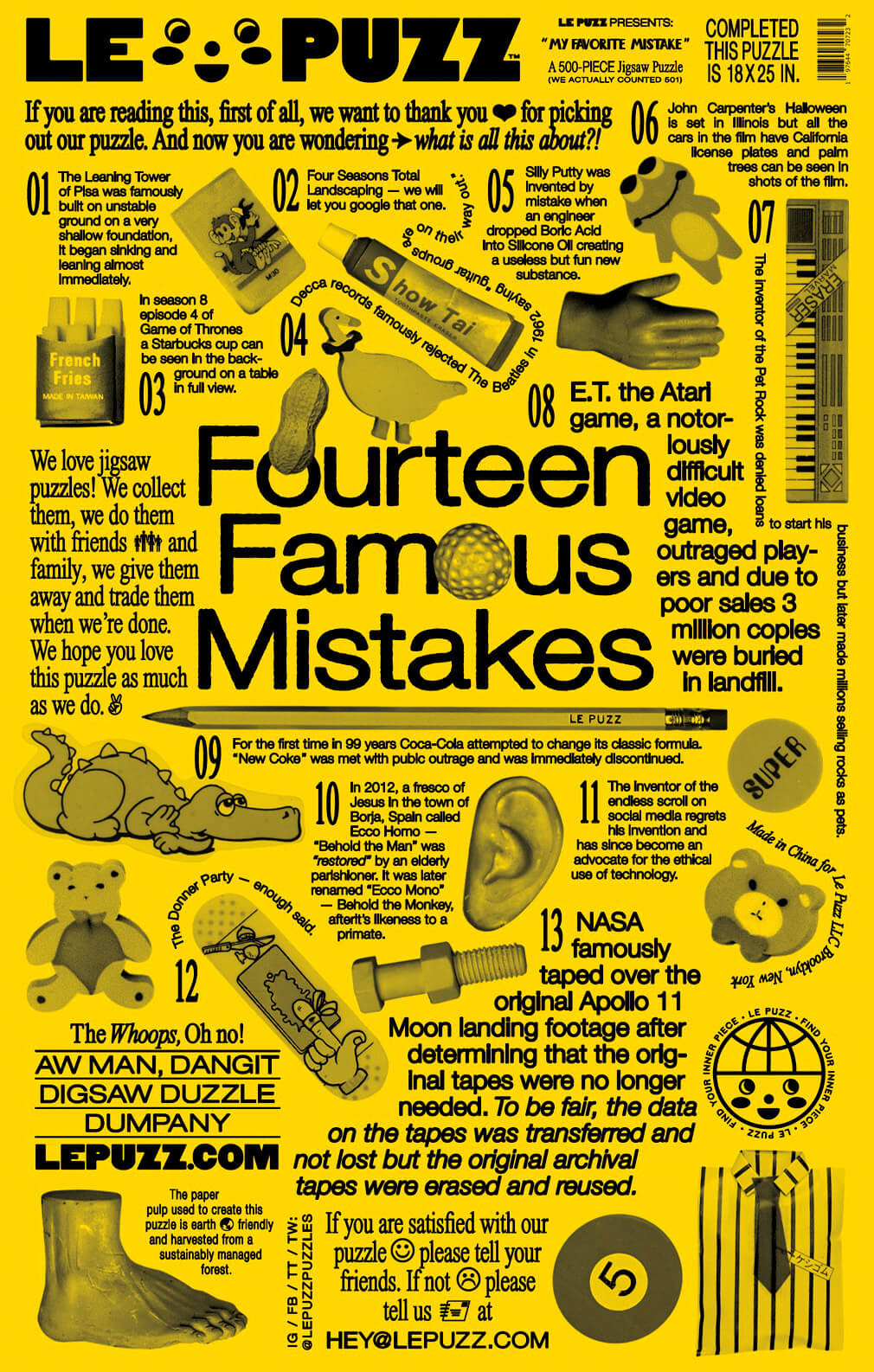 Poster with 'Fourteen Famous Mistakes' by Lepuzz, featuring various humorous illustrations and text.