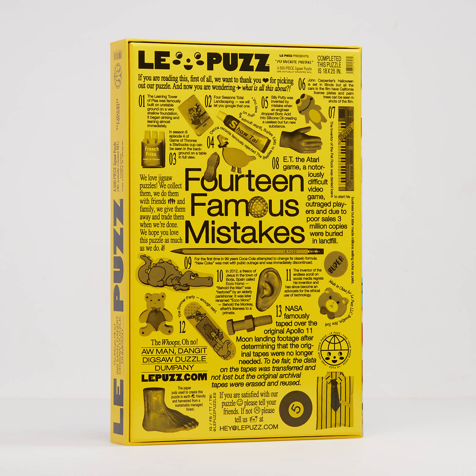 Yellow box of 'Fourteen Famous Mistakes' puzzle by LePuzz on a white background