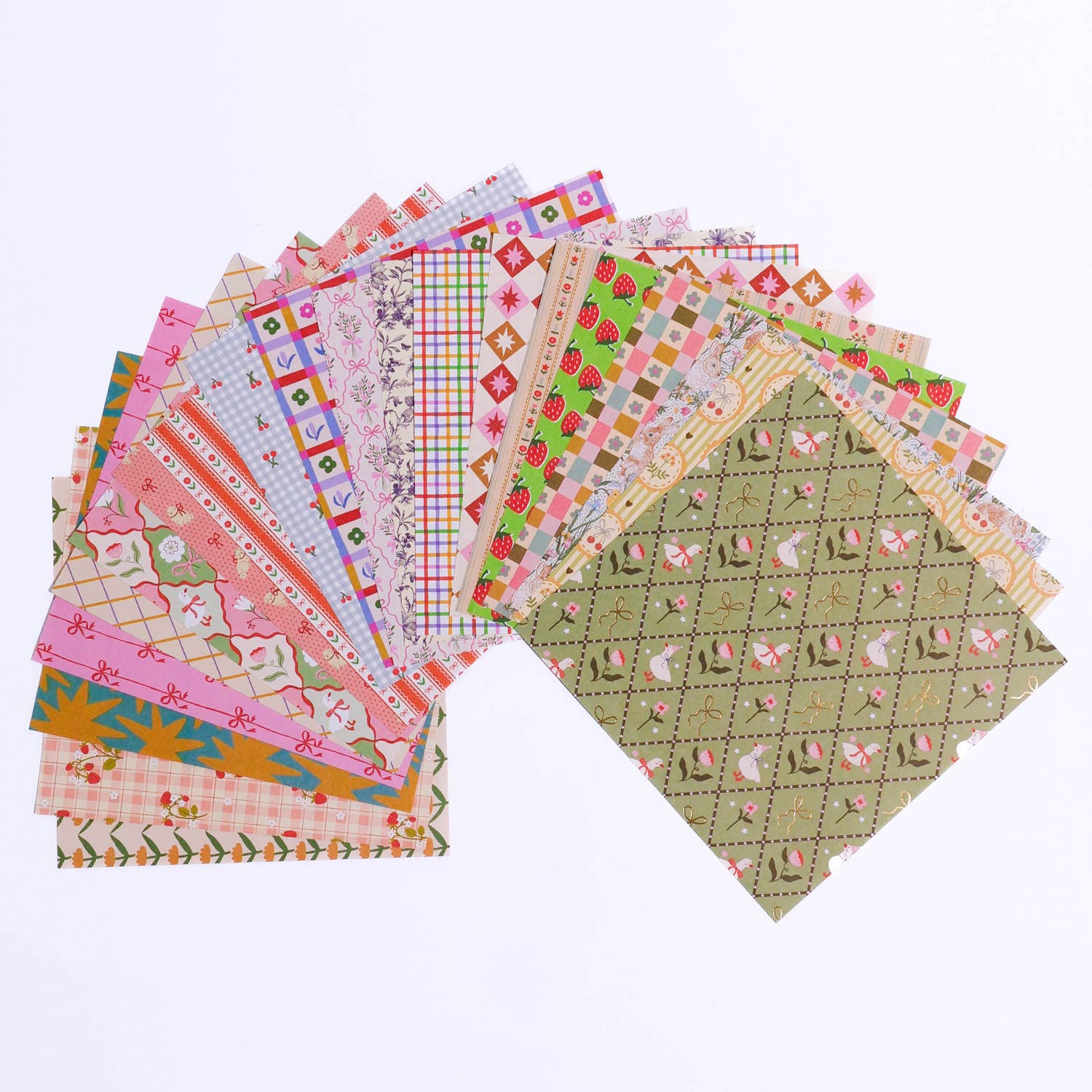 Stack of colorful patterned paper sheets on a white background