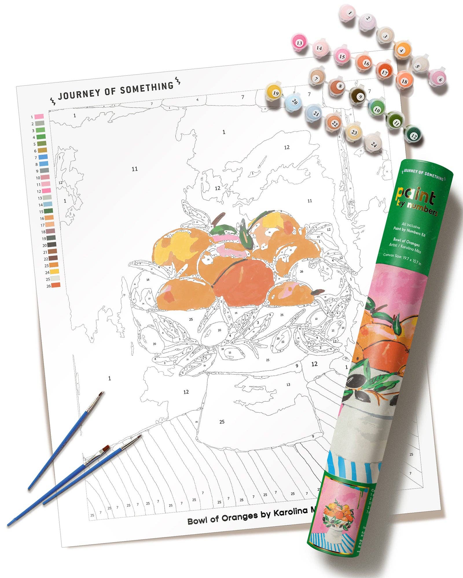 Coloring book with a bowl of oranges design, colored pencils, and a color swatch on a white background.
