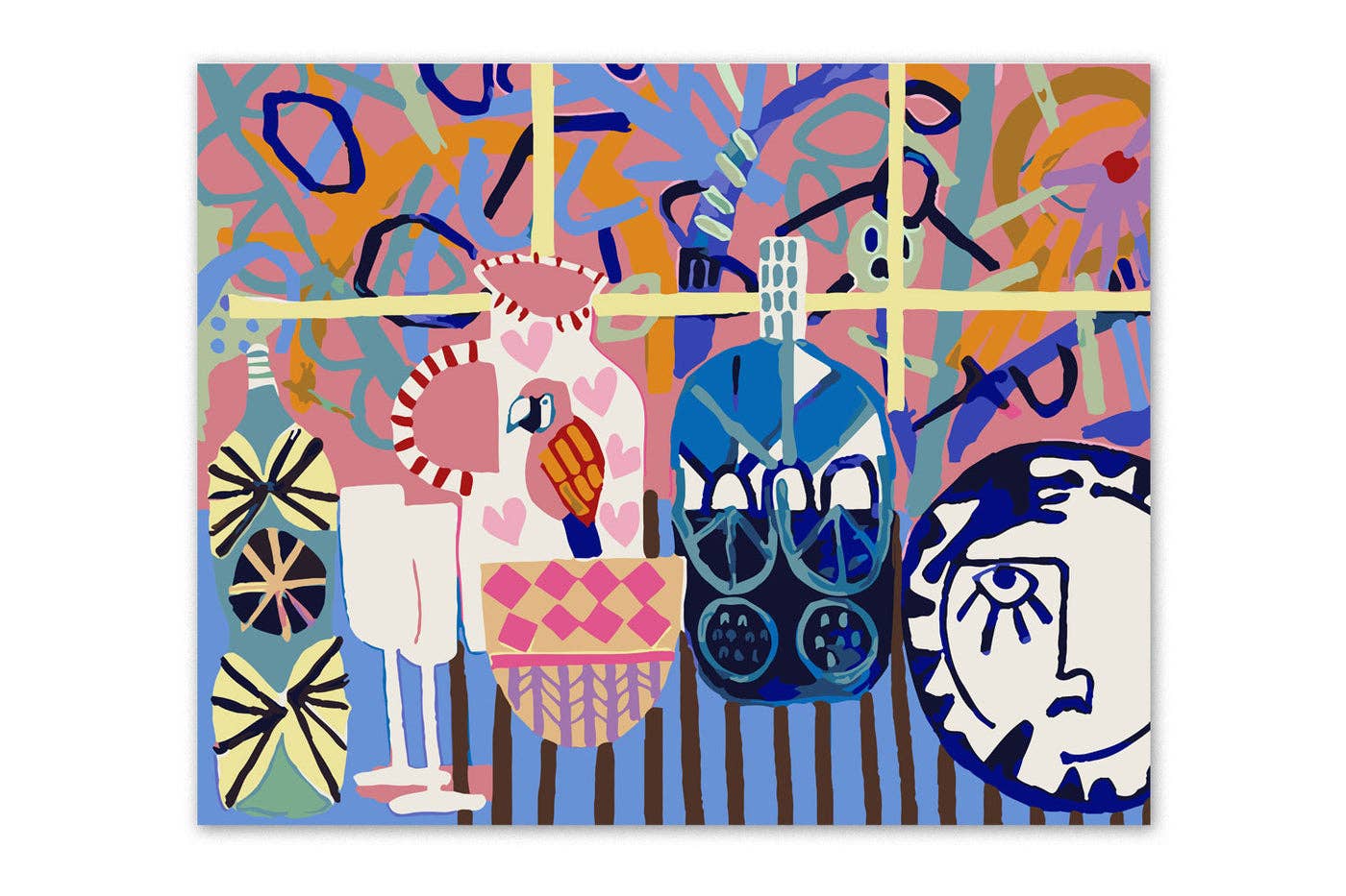 Colorful abstract artwork with various shapes and patterns on a white background