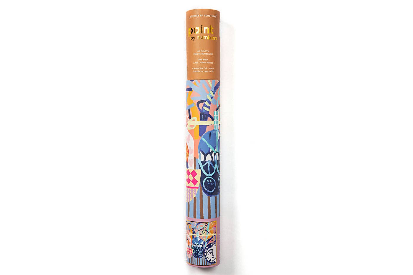 Colorful cylindrical product packaging with cartoon characters on a white background