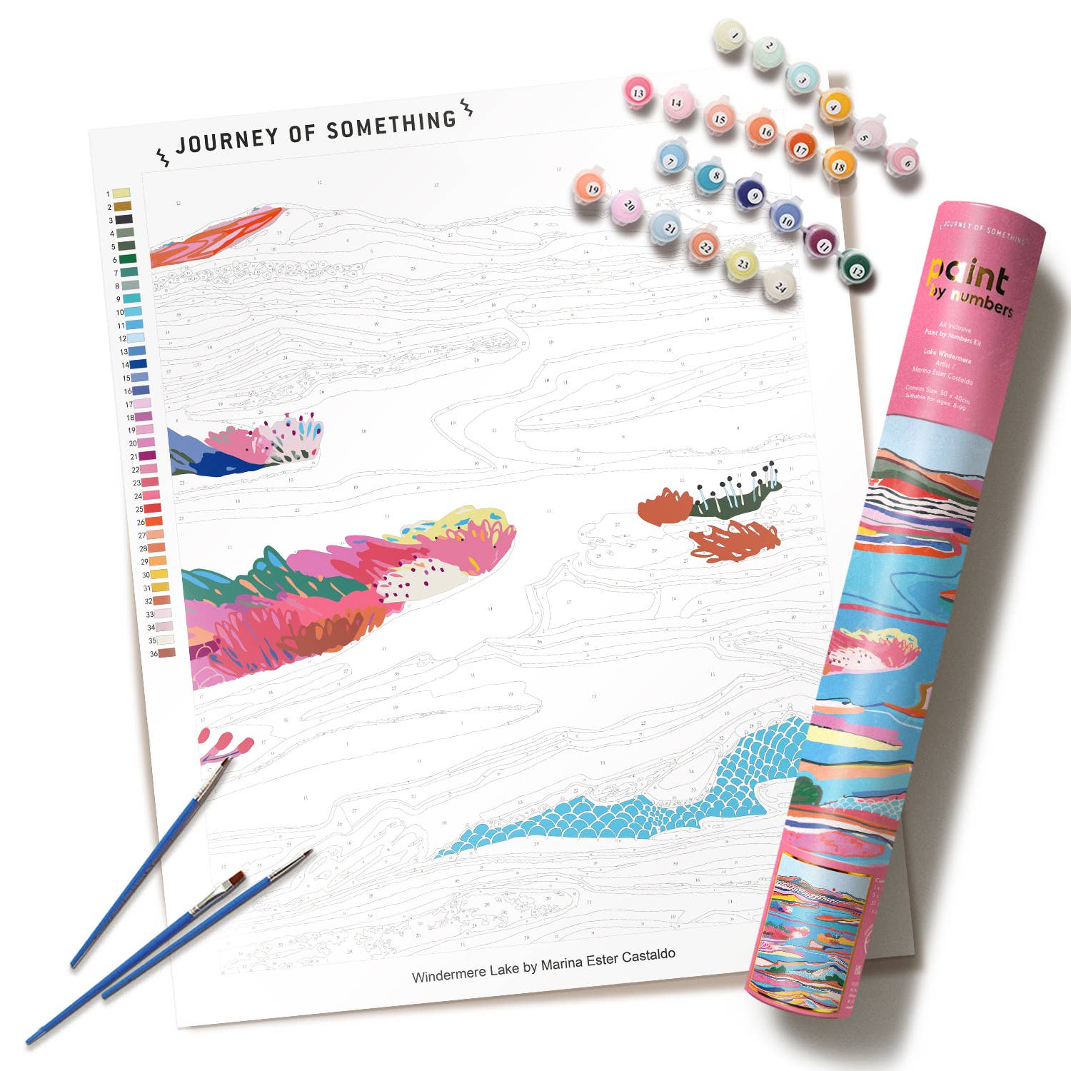 Coloring book with paintbrushes and paint tubes on a white background