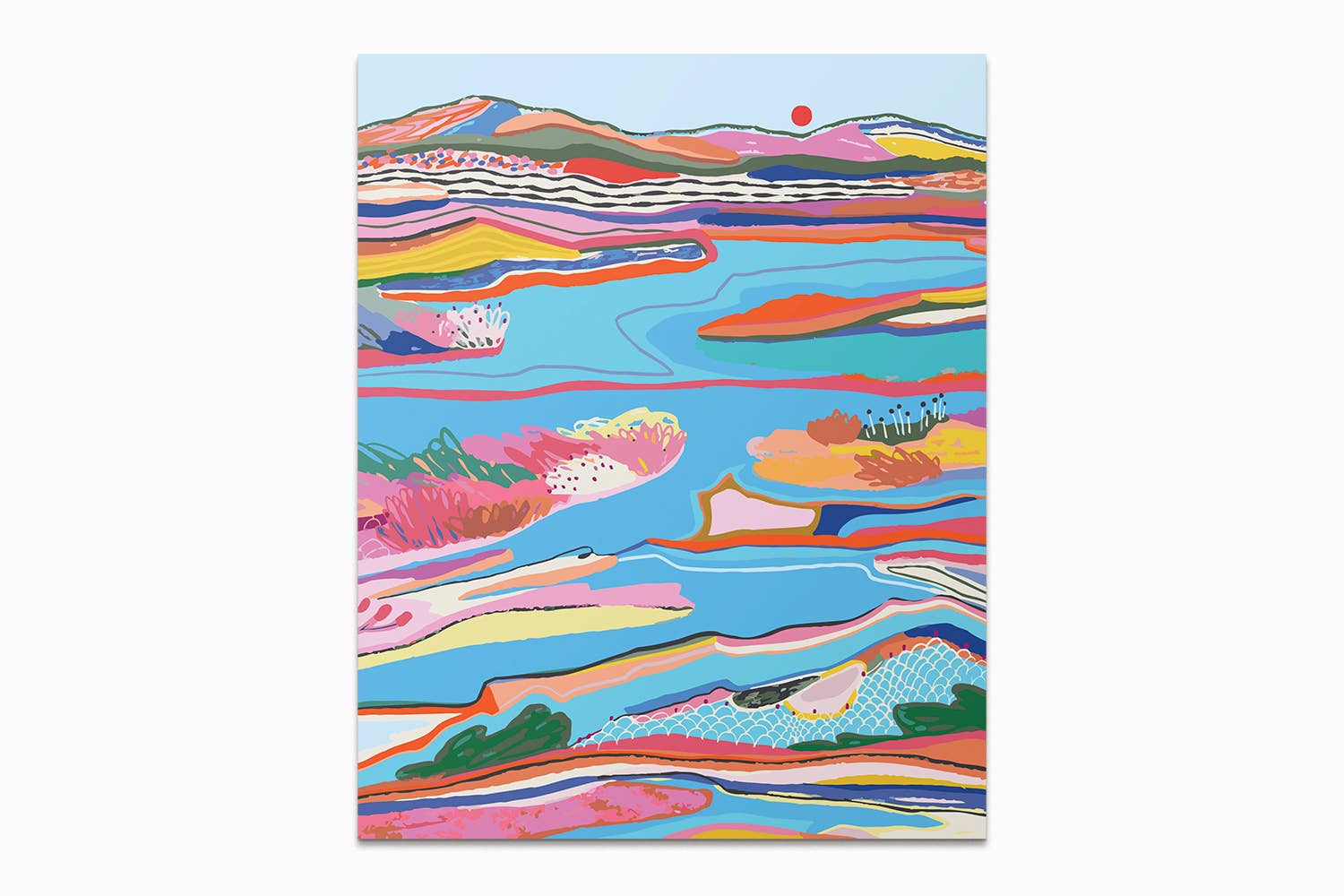 Colorful abstract landscape with mountains and a sun on a white background