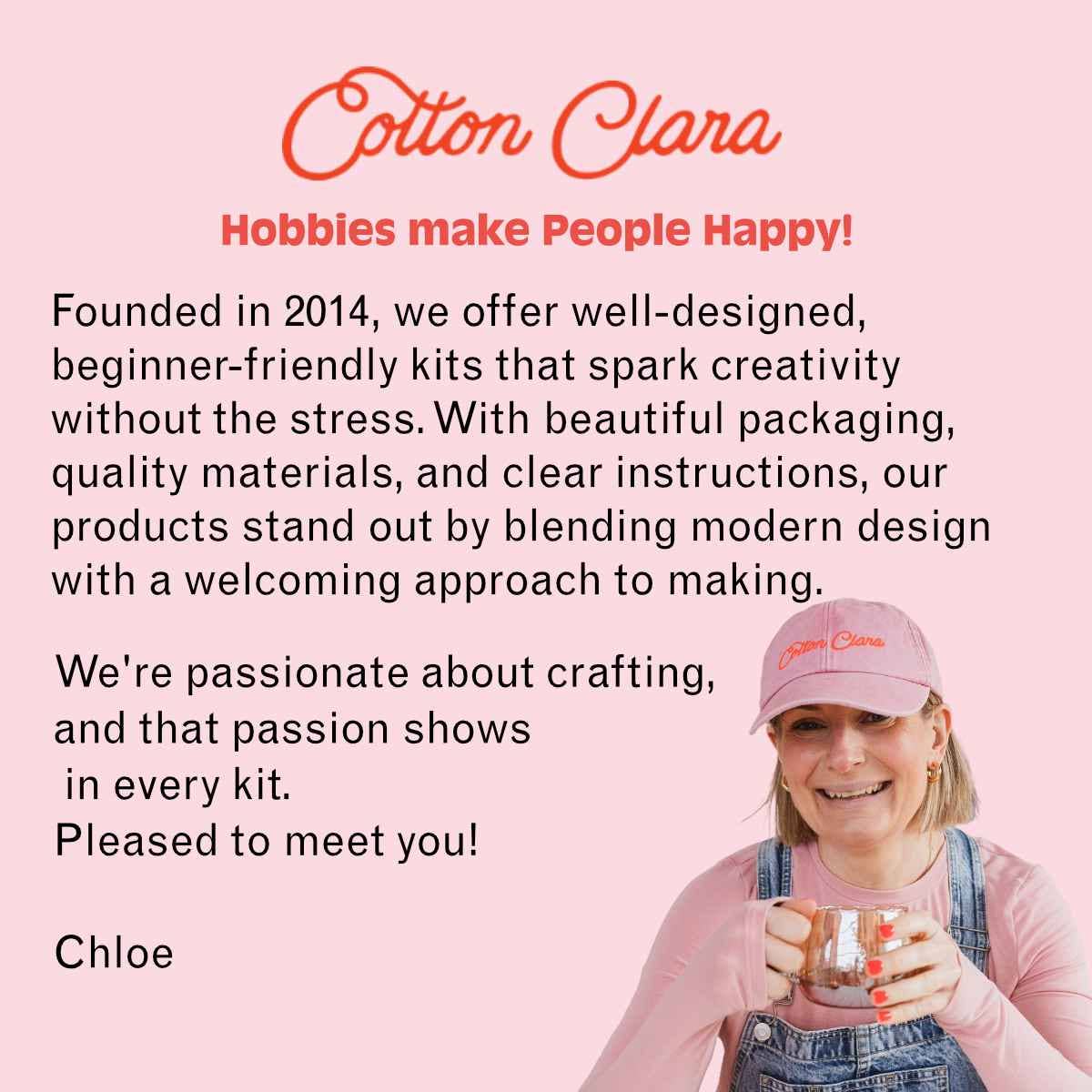 Person wearing a pink 'Cotton Clara' cap with text about the brand's mission on a pink background