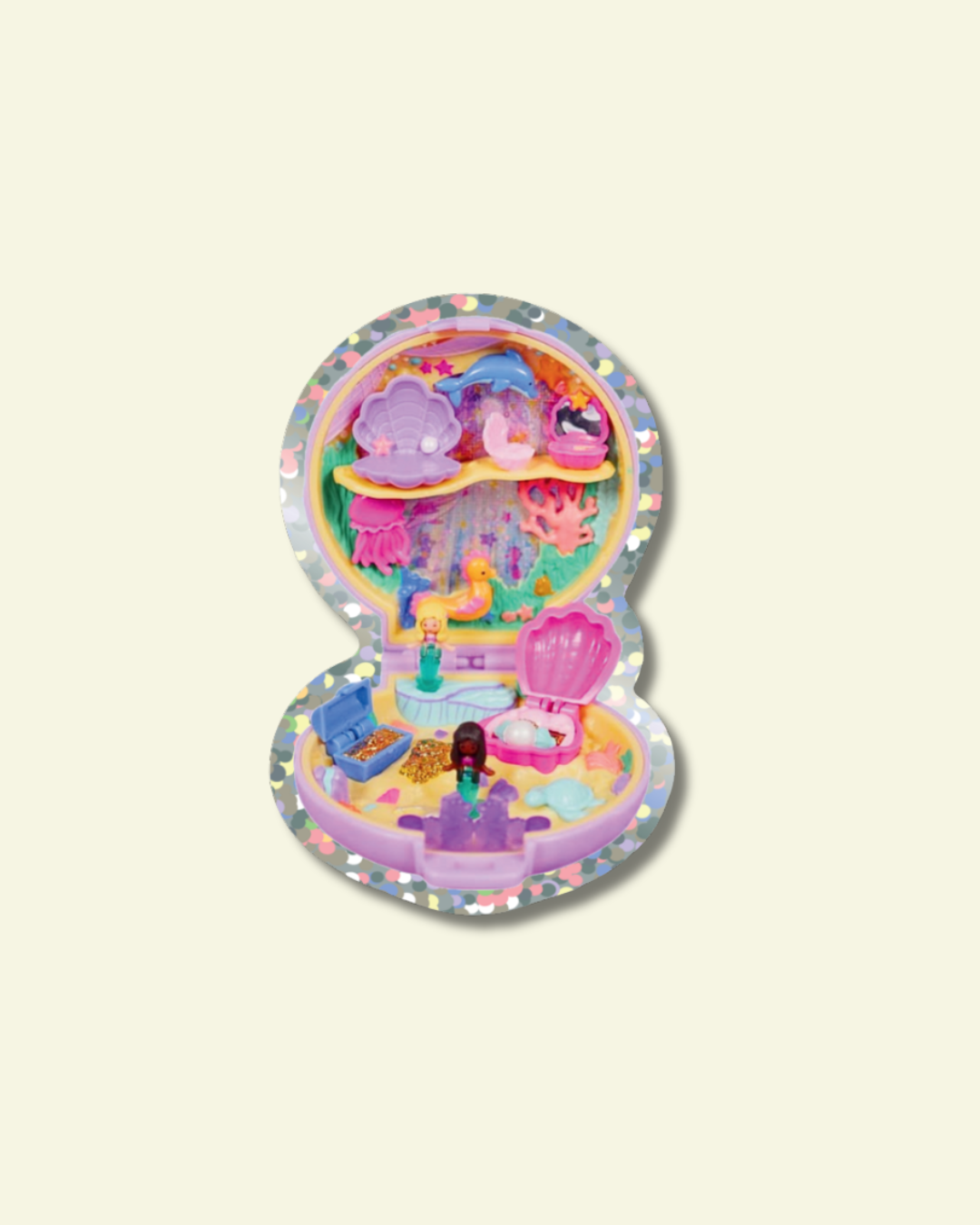 Colorful toy set with a baby doll and furniture in a decorative box on a light beige background