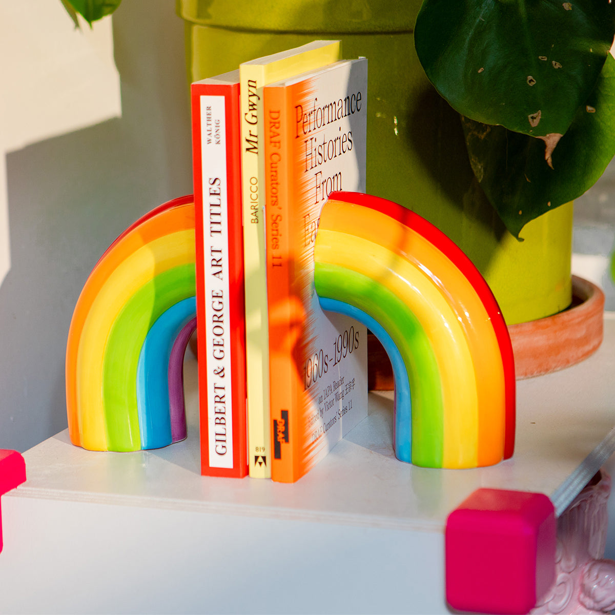 Rainbow-Bookend-holding-books-with-plant-behind