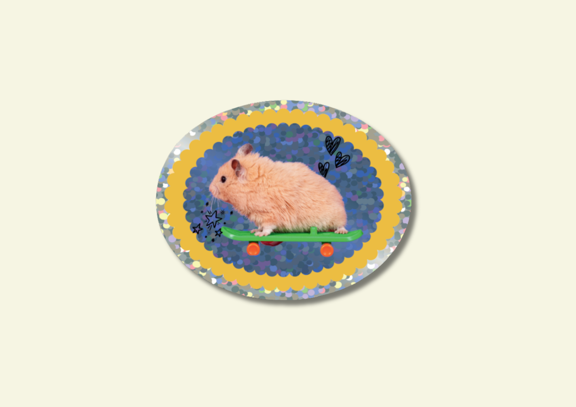 Round coaster with a cartoon hamster on a skateboard design on a beige background