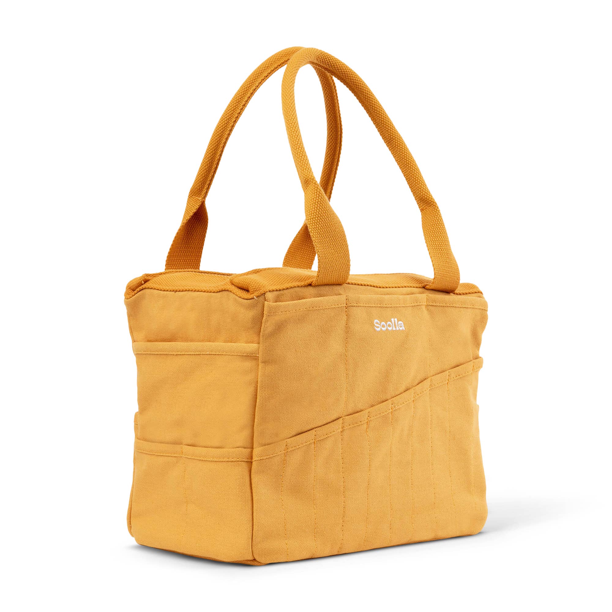 Yellow soolla tote bag with a visible brand logo on a white background