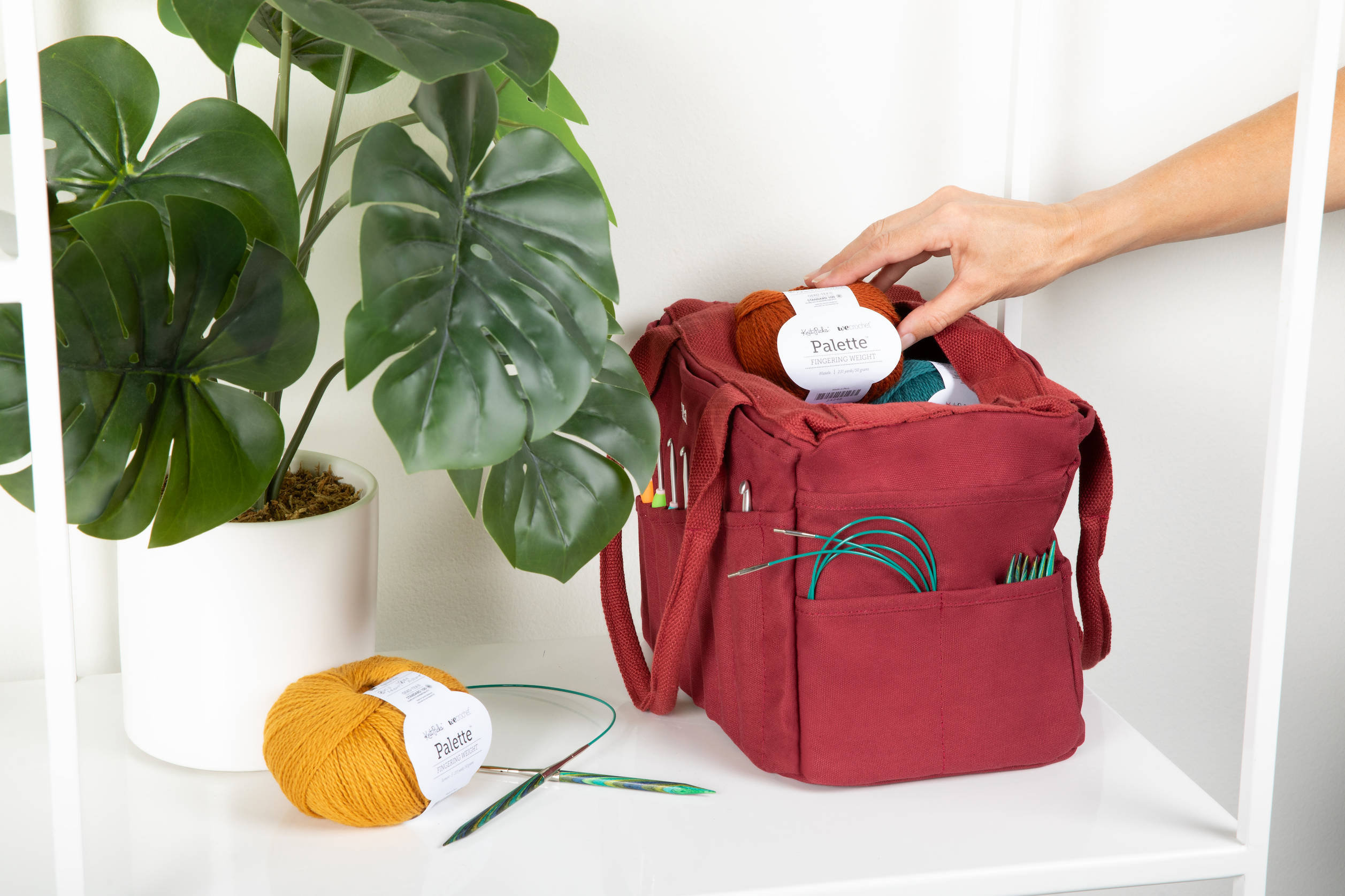 Red knitting bag with yarn and tools on a white surface next to a plant