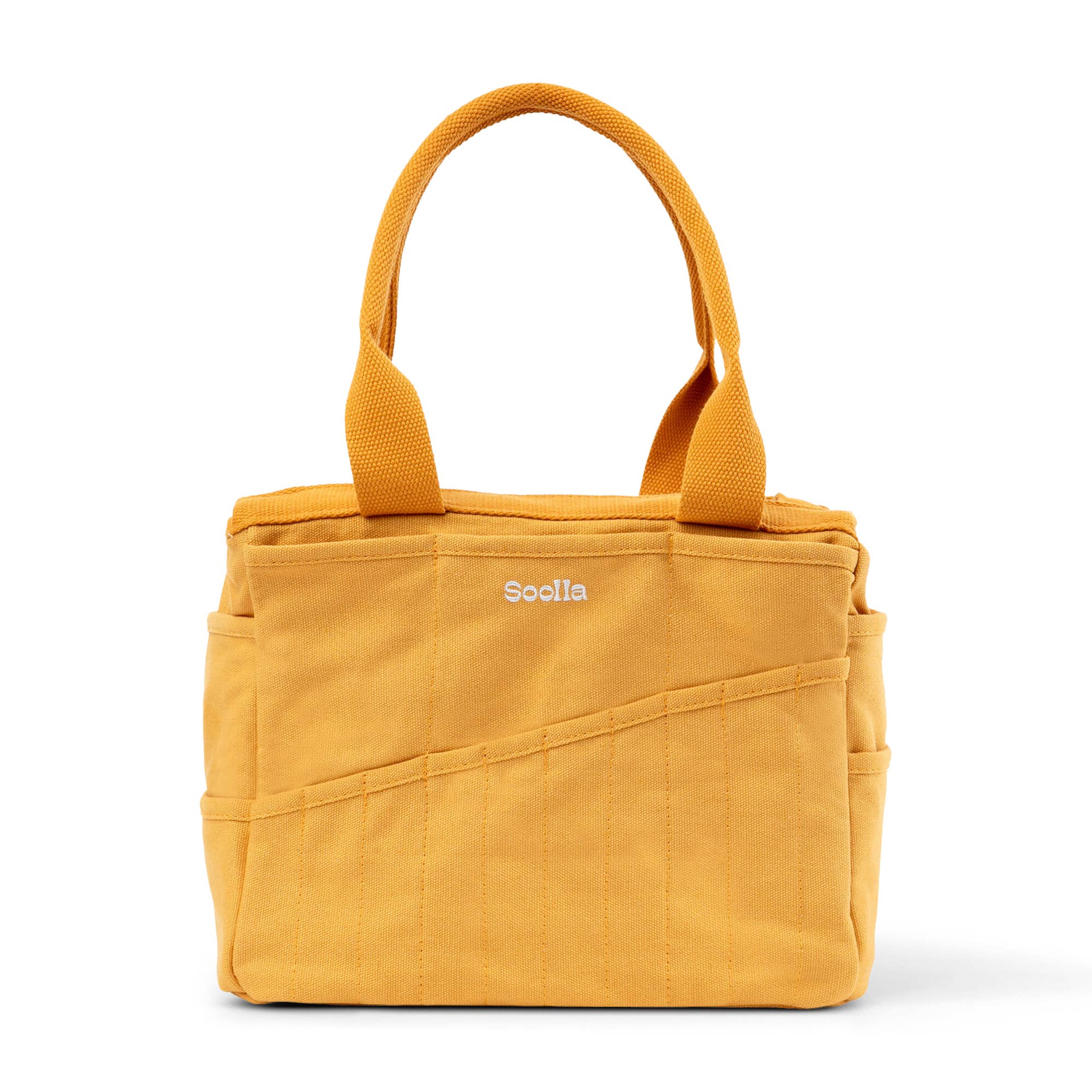 Yellow tote bag with 'Soolla' branding on a white background