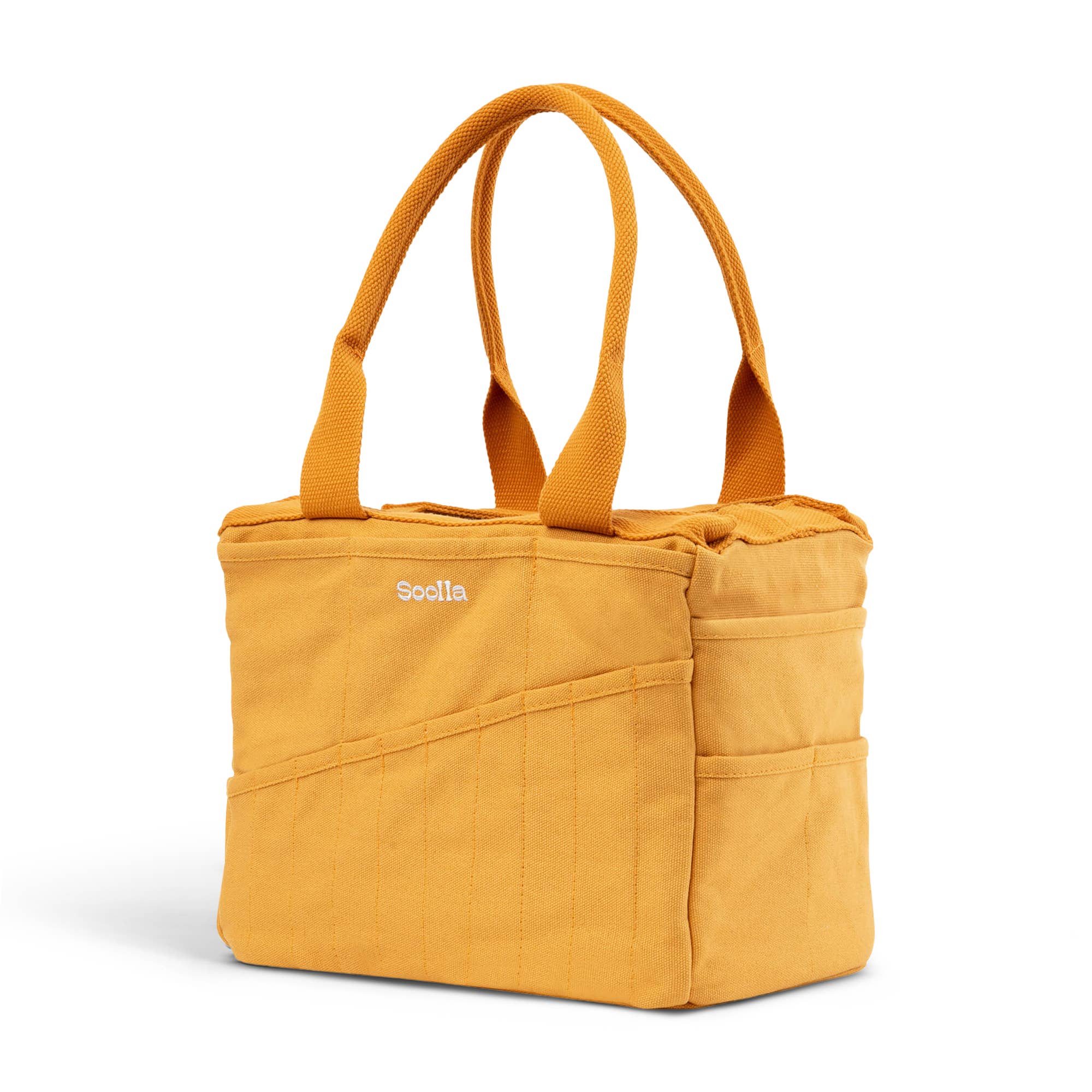 Yellow tote bag with 'Soolla' branding on a white background