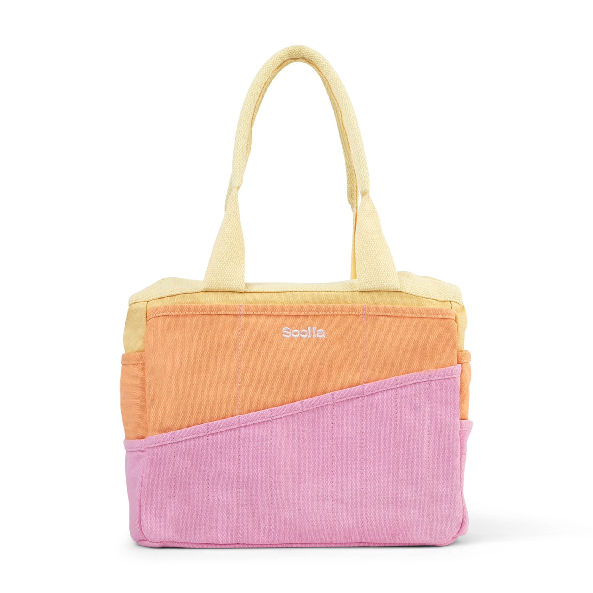 Color-blocked soolla tote bag with branding on a white background