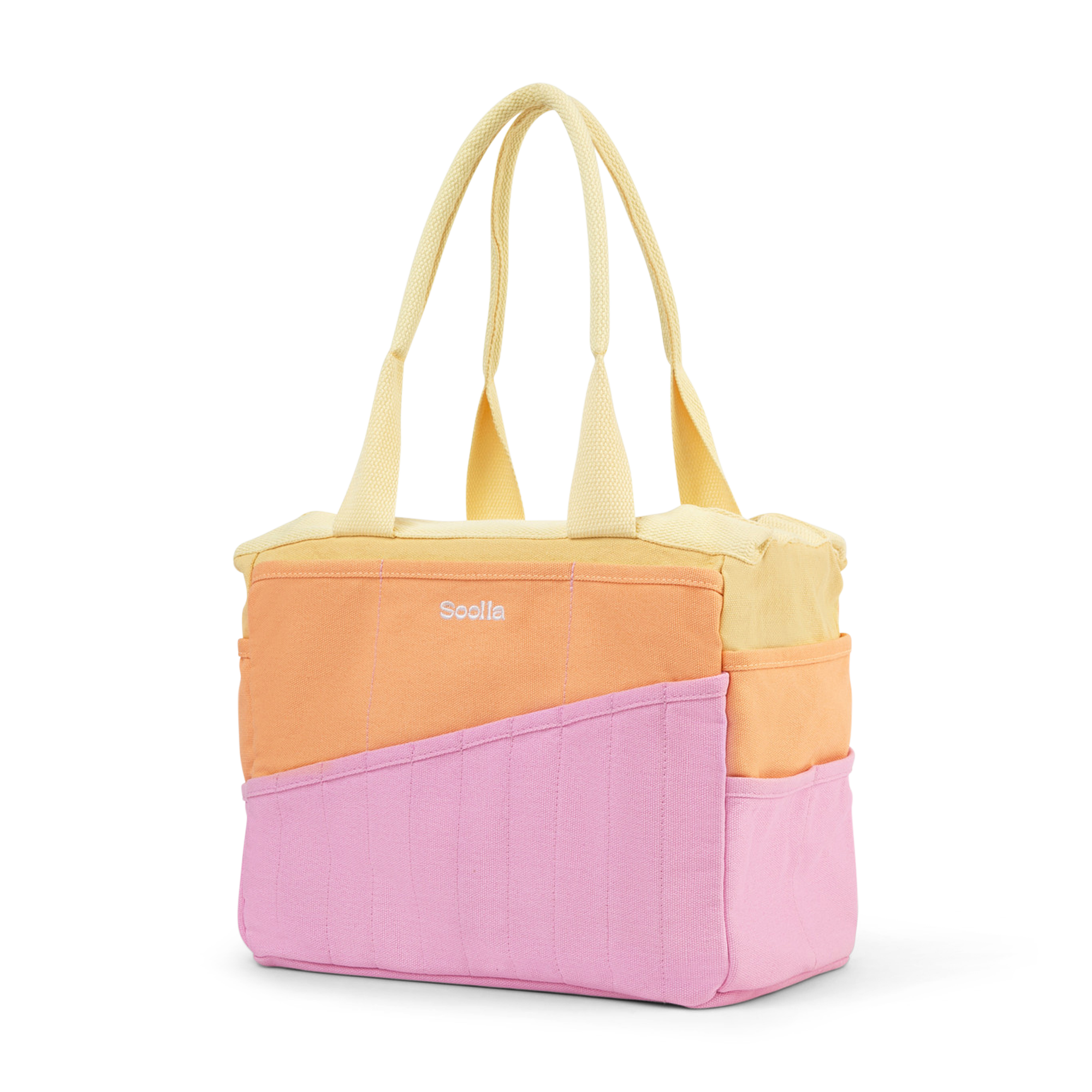 Color-blocked tote bag with yellow, orange, and pink sections on a white background soolla