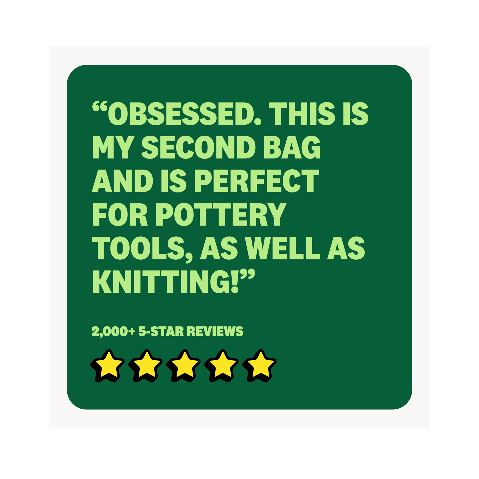 Green square with yellow text and five-star rating on a black background