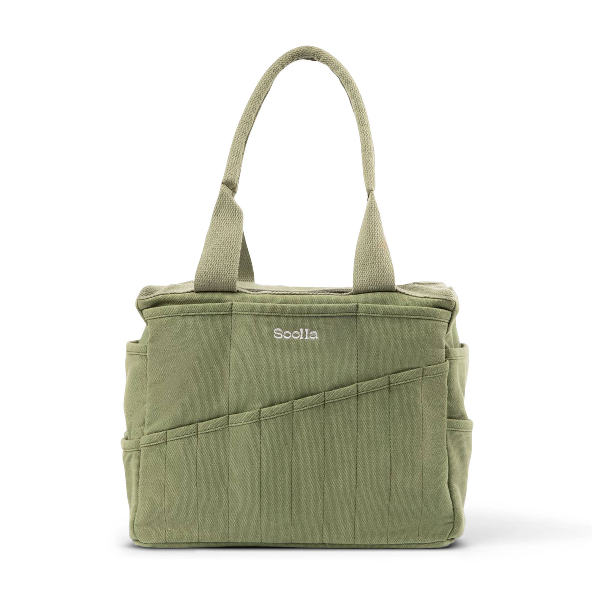 Green soolla tote bag with multiple pockets and a visible brand logo on a white background