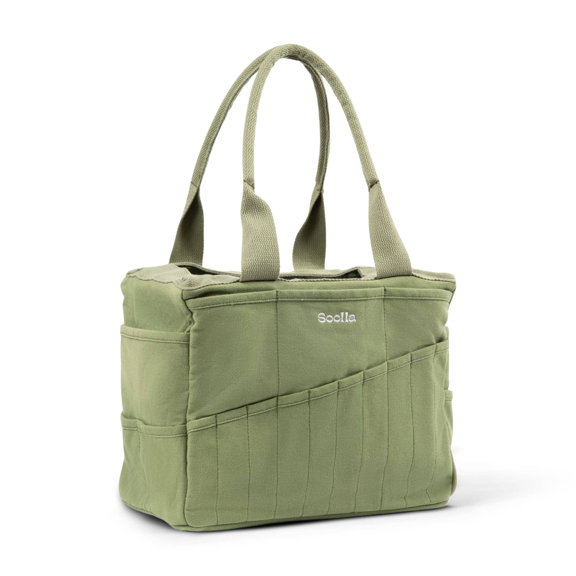 Green soolla tote bag with multiple pockets and a visible brand logo on a white background