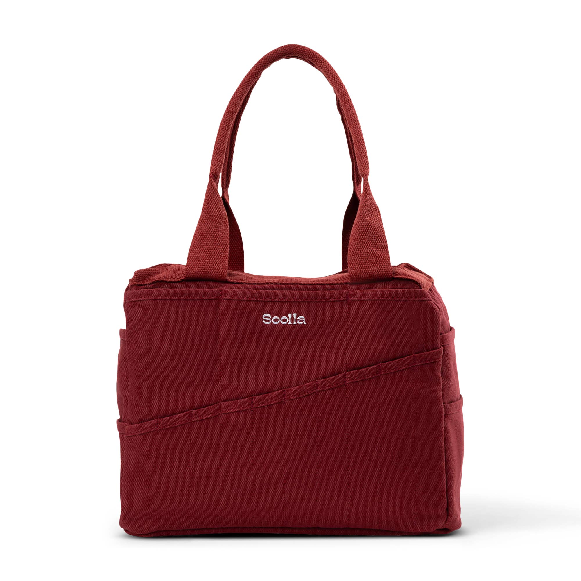 Red bag with 'Soolla' branding on a white background