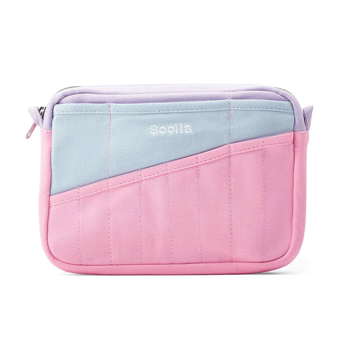 Pink and light blue pouch with 'Soolla' branding on a white background