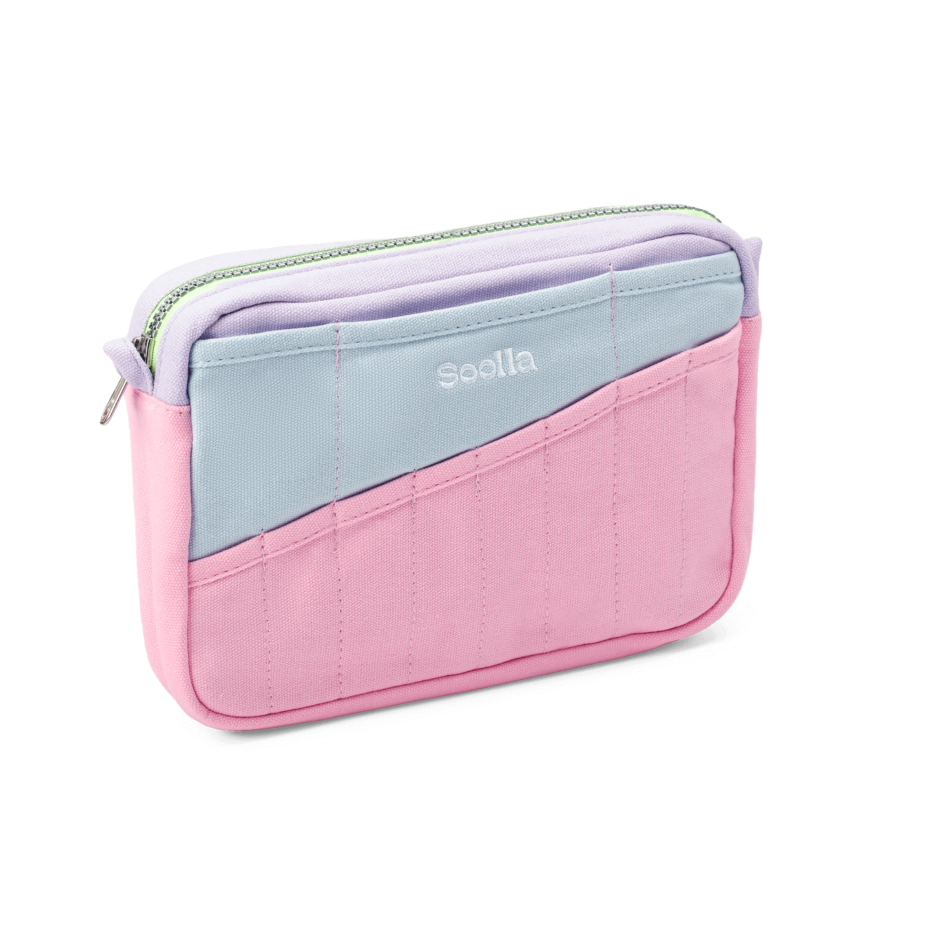 Pink and light blue pouch with 'Soolla' branding on a white background