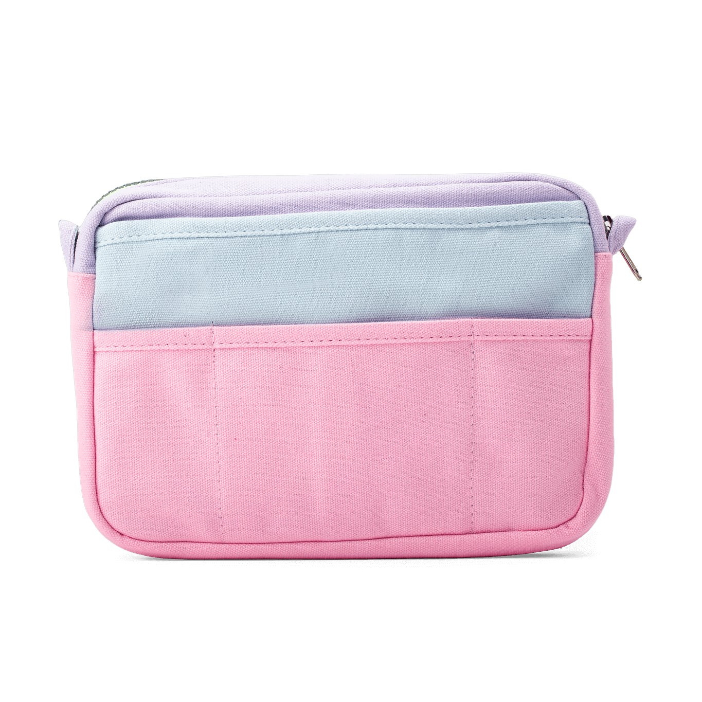 Pink and light blue pouch with a zipper on a black background