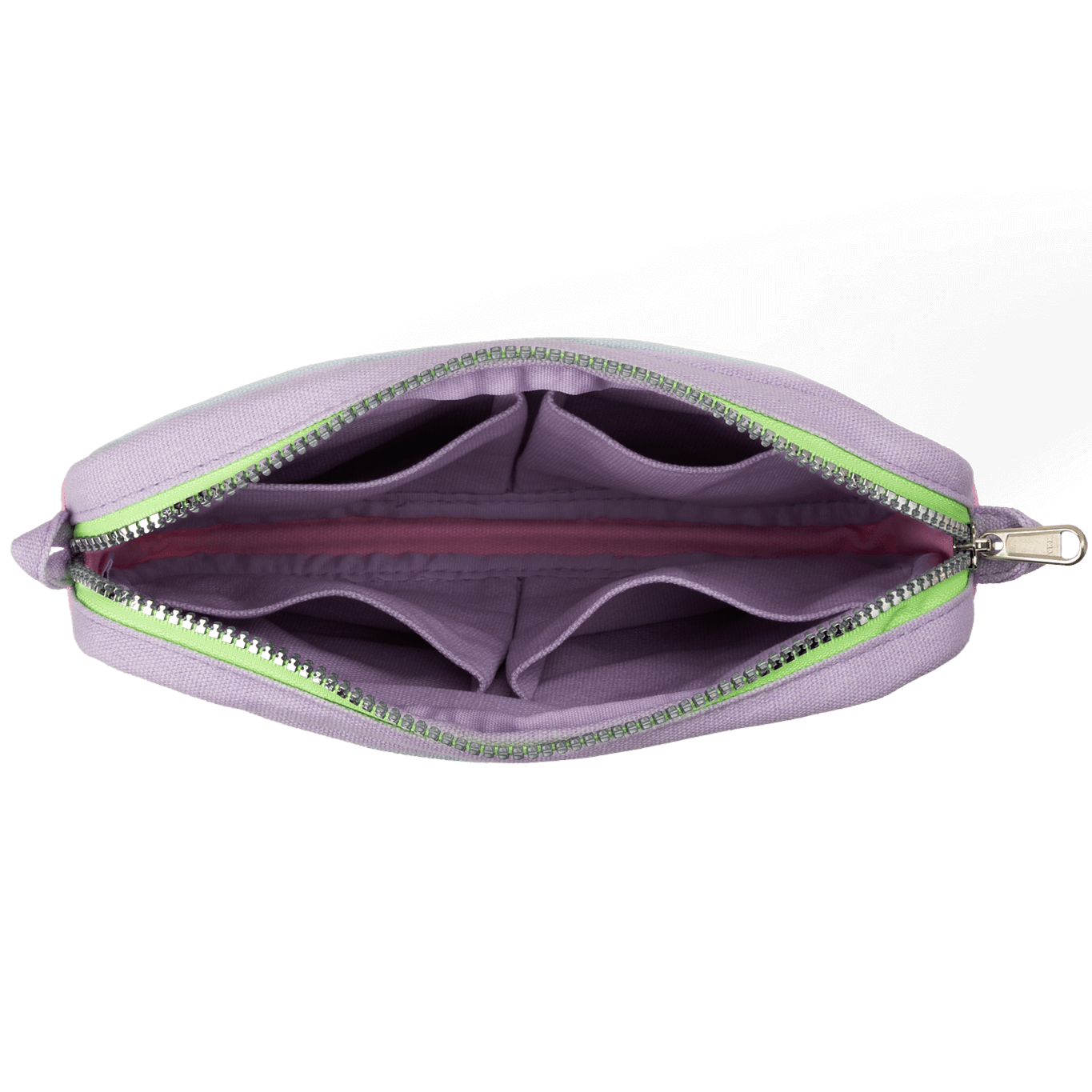 Purple pouch with green zipper on a black background