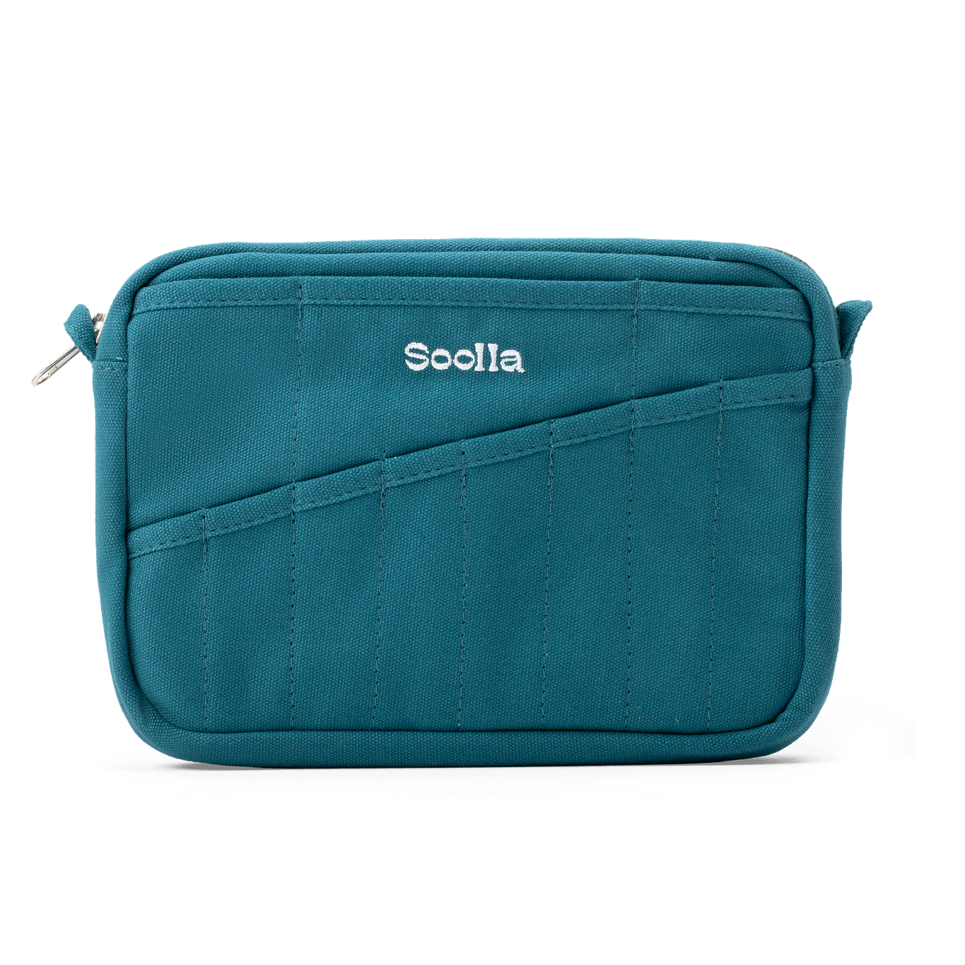 Teal pouch with 'Socila' branding on a white background