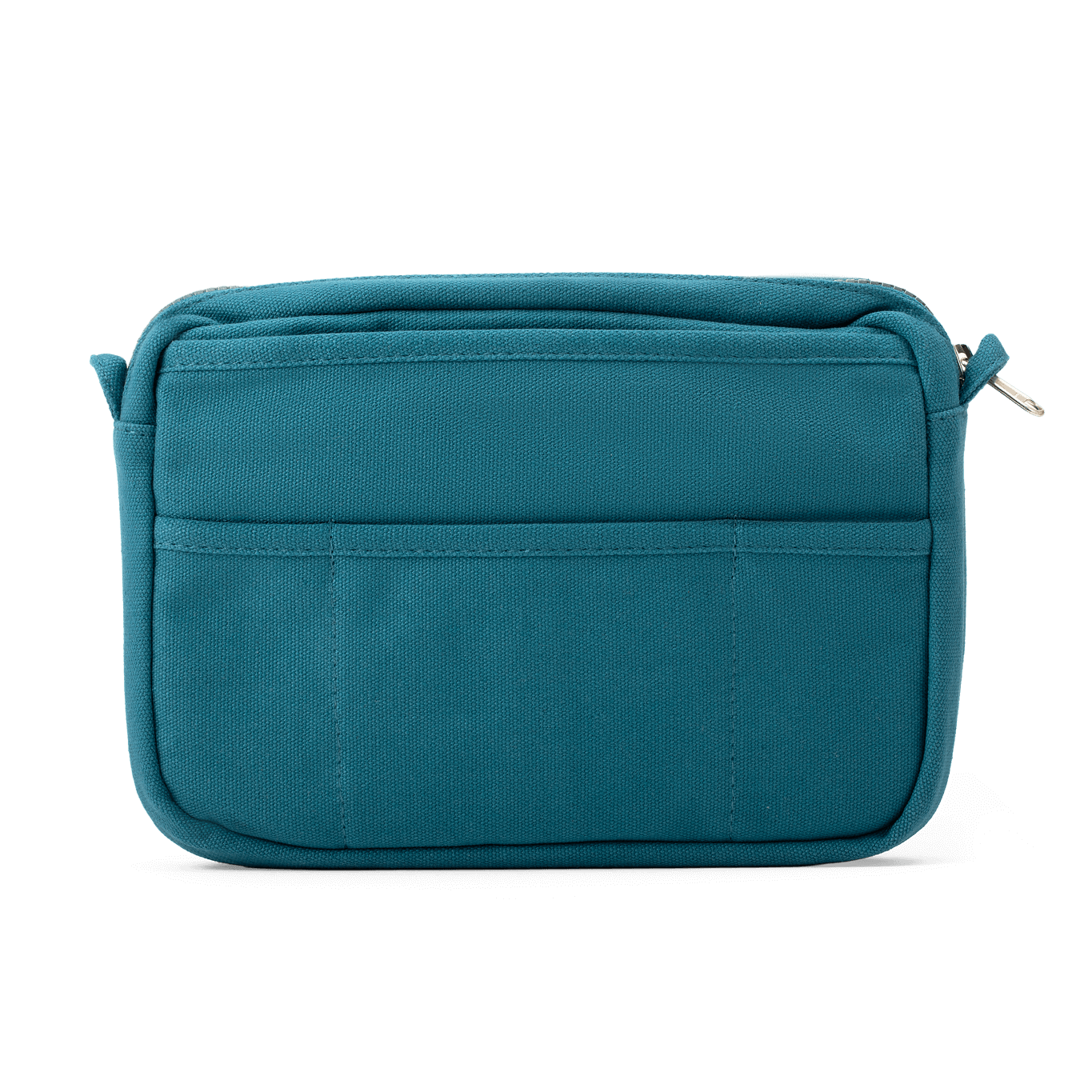 Teal travel pouch with a zipper on a white background