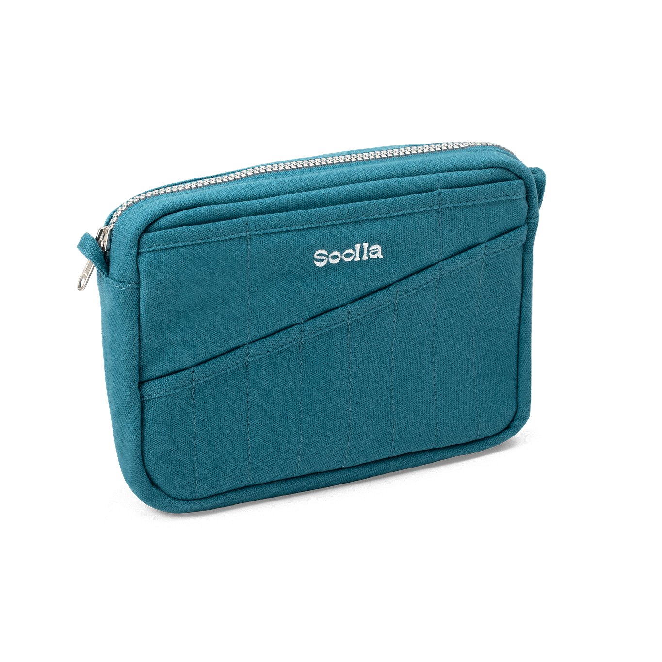 Teal pouch with a brand logo on a white background