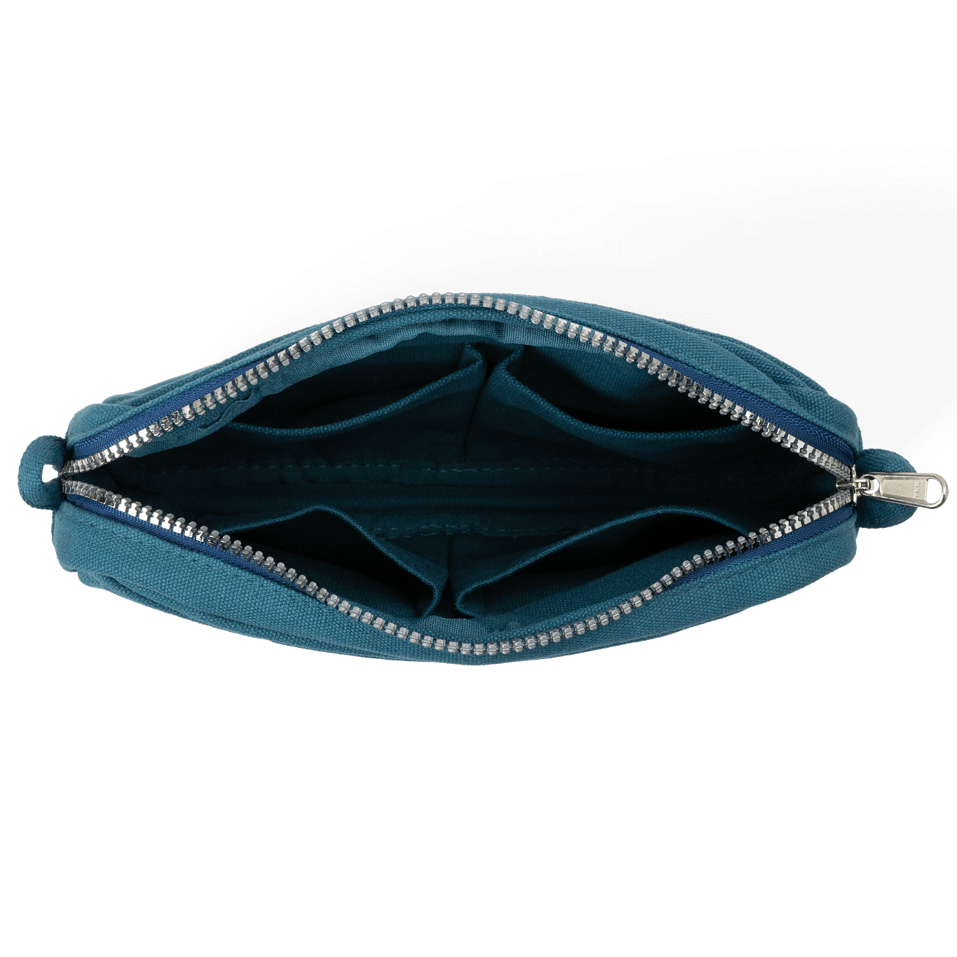 Blue pouch with a zipper on a black background