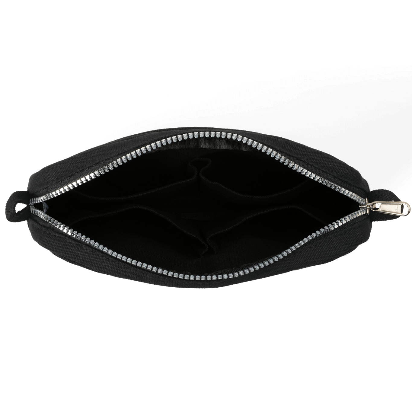 Black pouch with a silver zipper on a white background