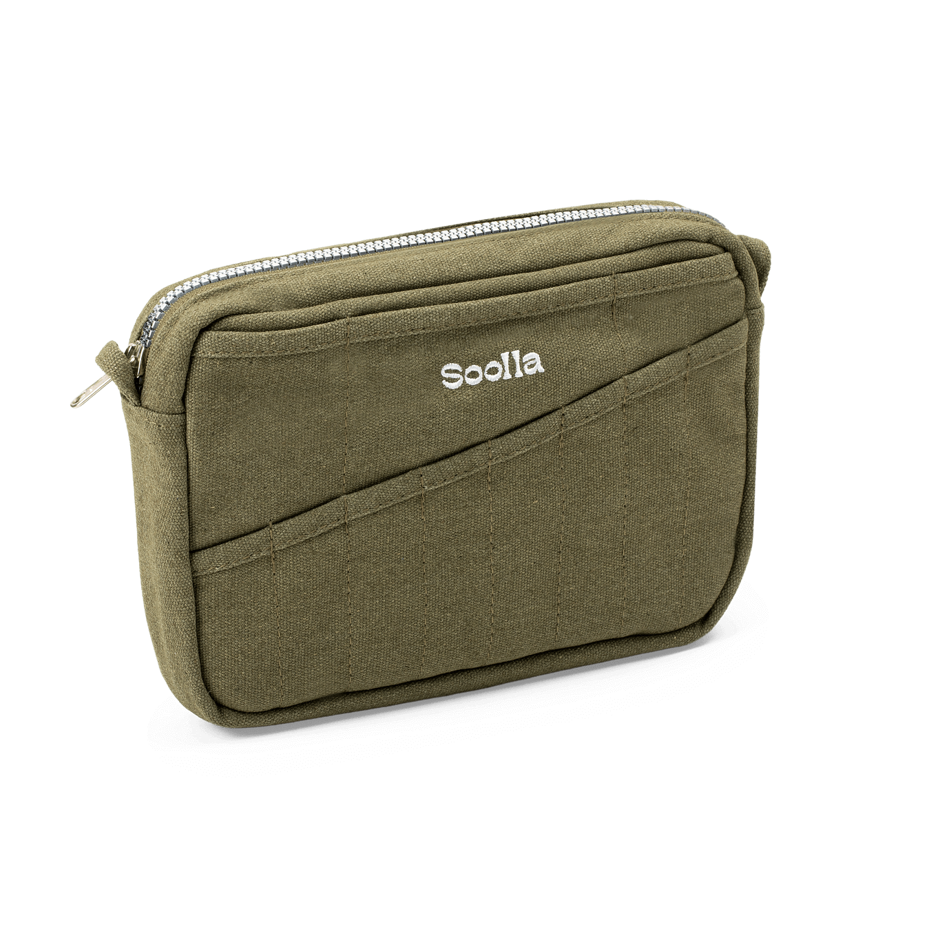Green pouch with a zipper and 'Soolia' branding on a white background