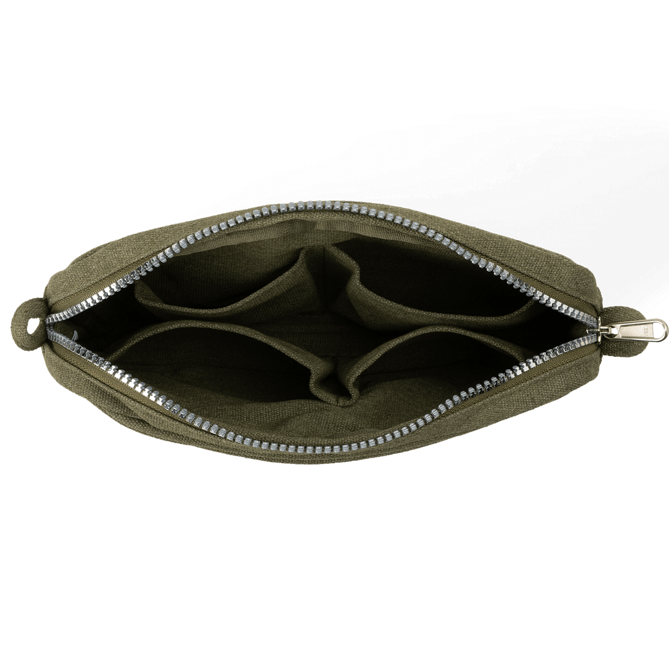 Green pouch with a zipper on a black background