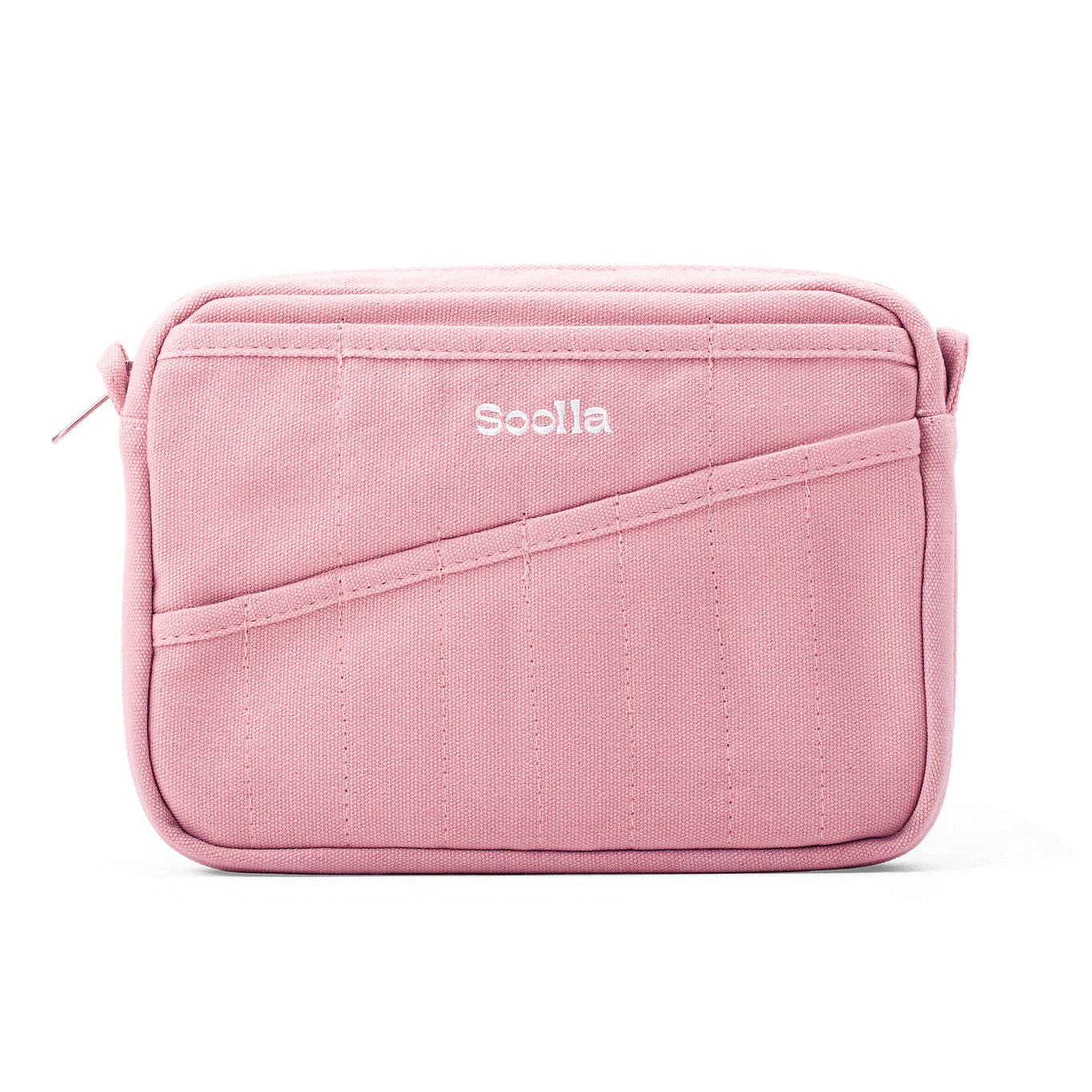 Pink pouch with 'Soolla' branding on a white background