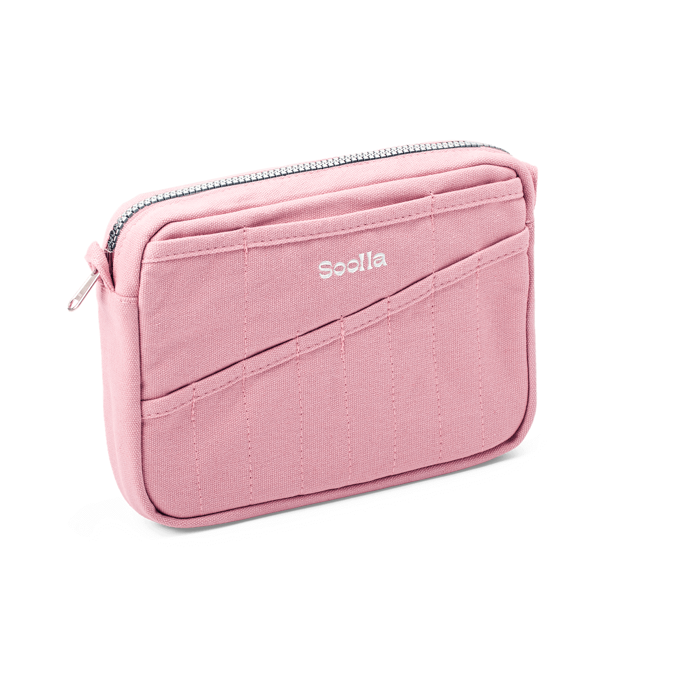 Pink travel pouch with a zipper on a black background