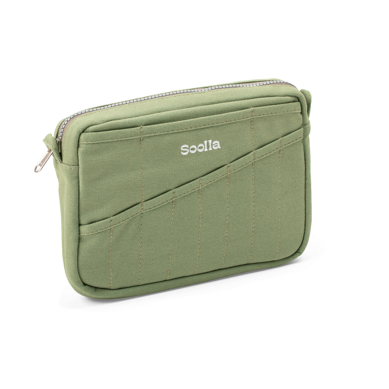 Green pouch with a diagonal zipper and 'Sooloa' branding on a white background