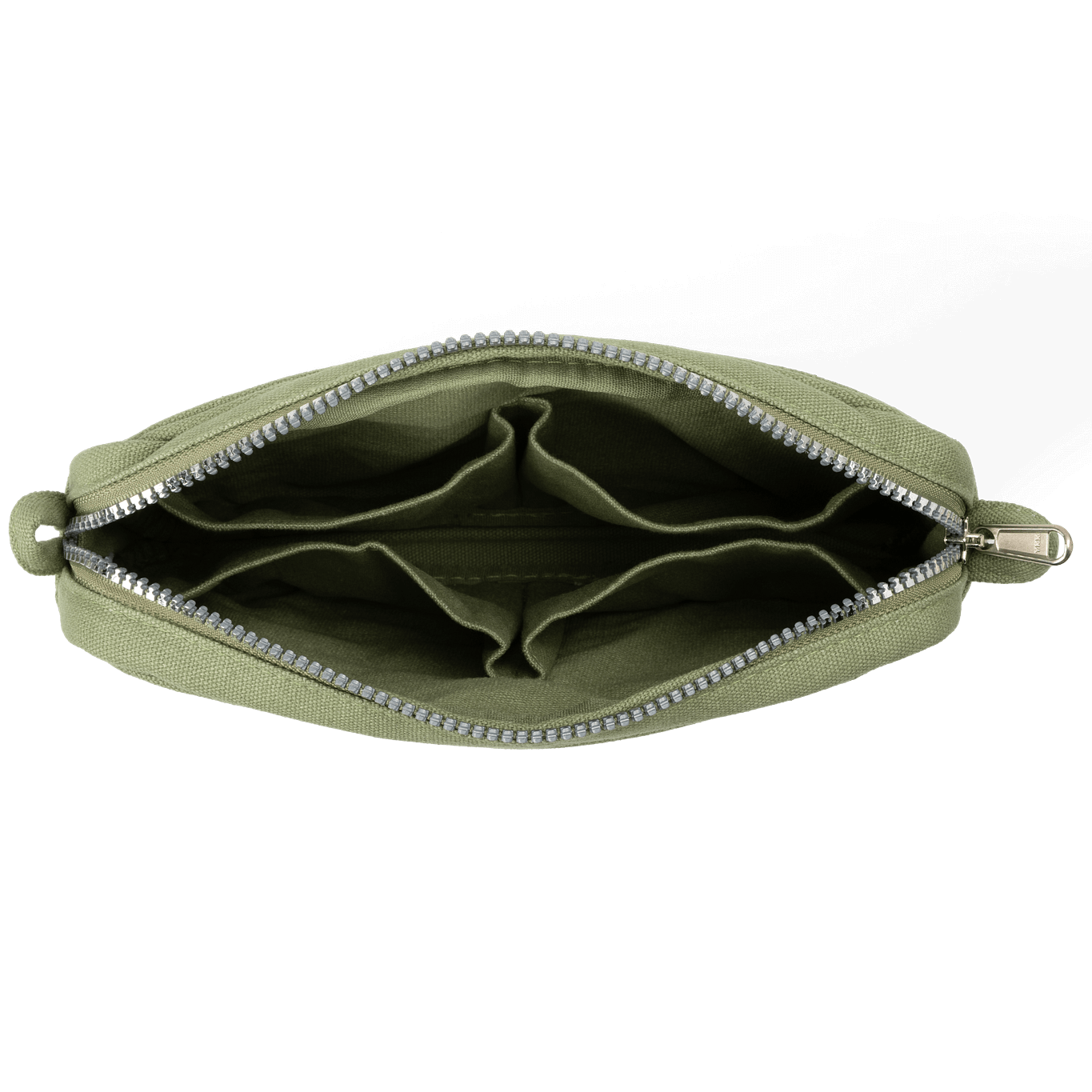 Green zippered pouch on a black background