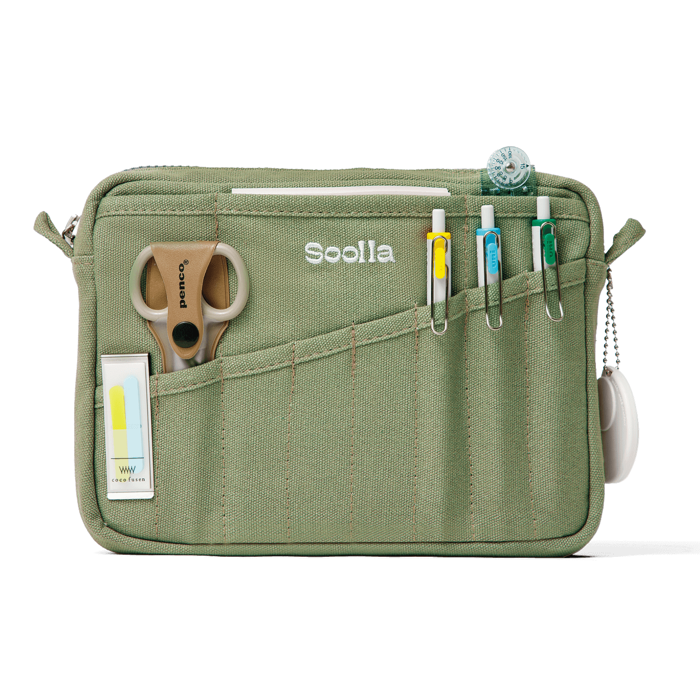 Green pouch with various items including a pair of scissors and markers, branded 'Soolia'.