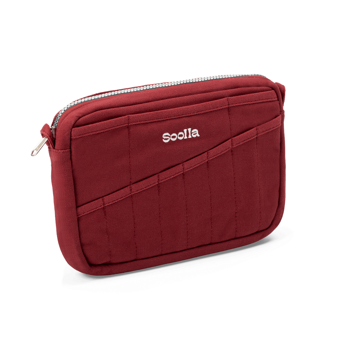 Red pouch with a zipper and 'Soolia' branding on a black background