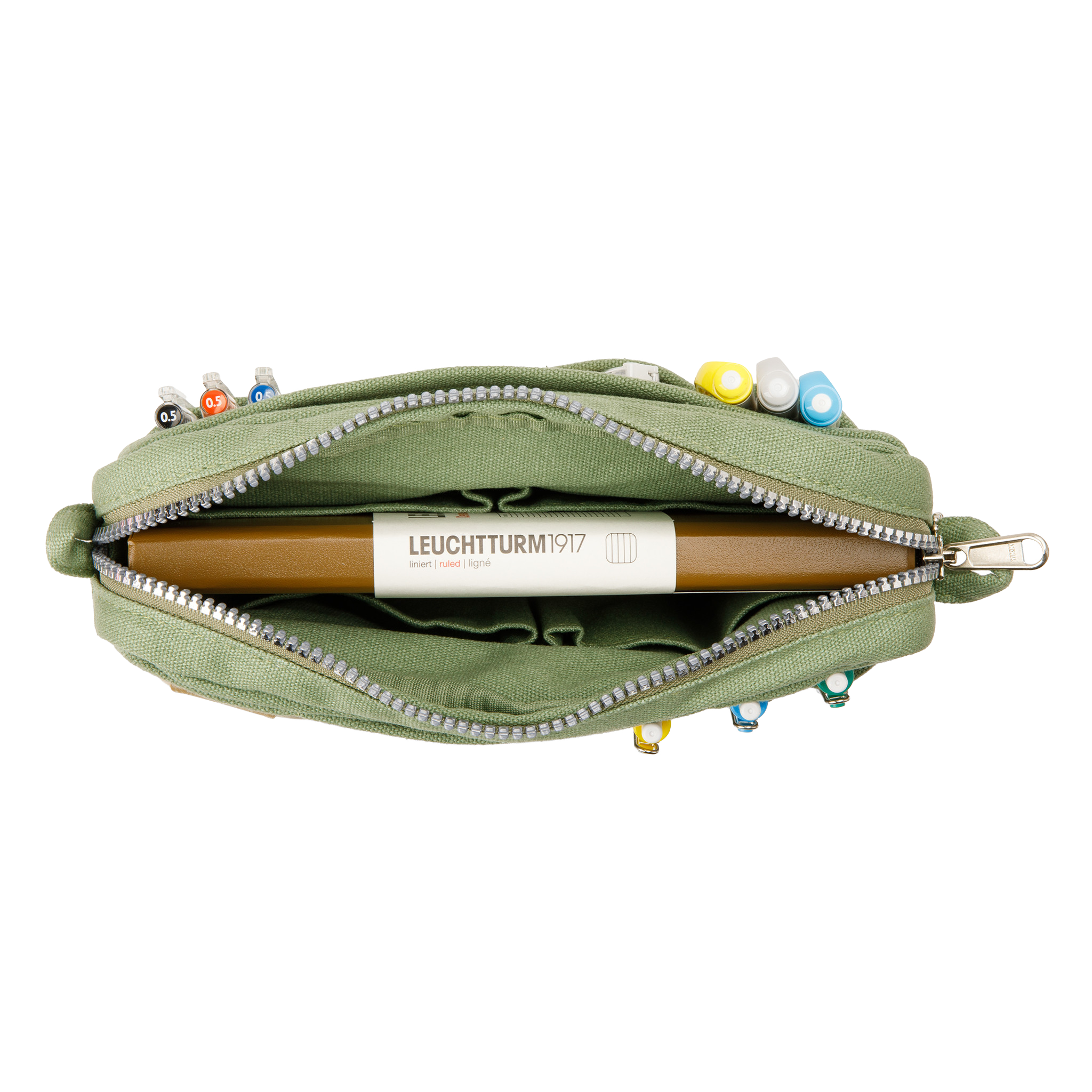 Green zipper pouch with stationery items and a pen, featuring the Leuchtturm1917 brand.
