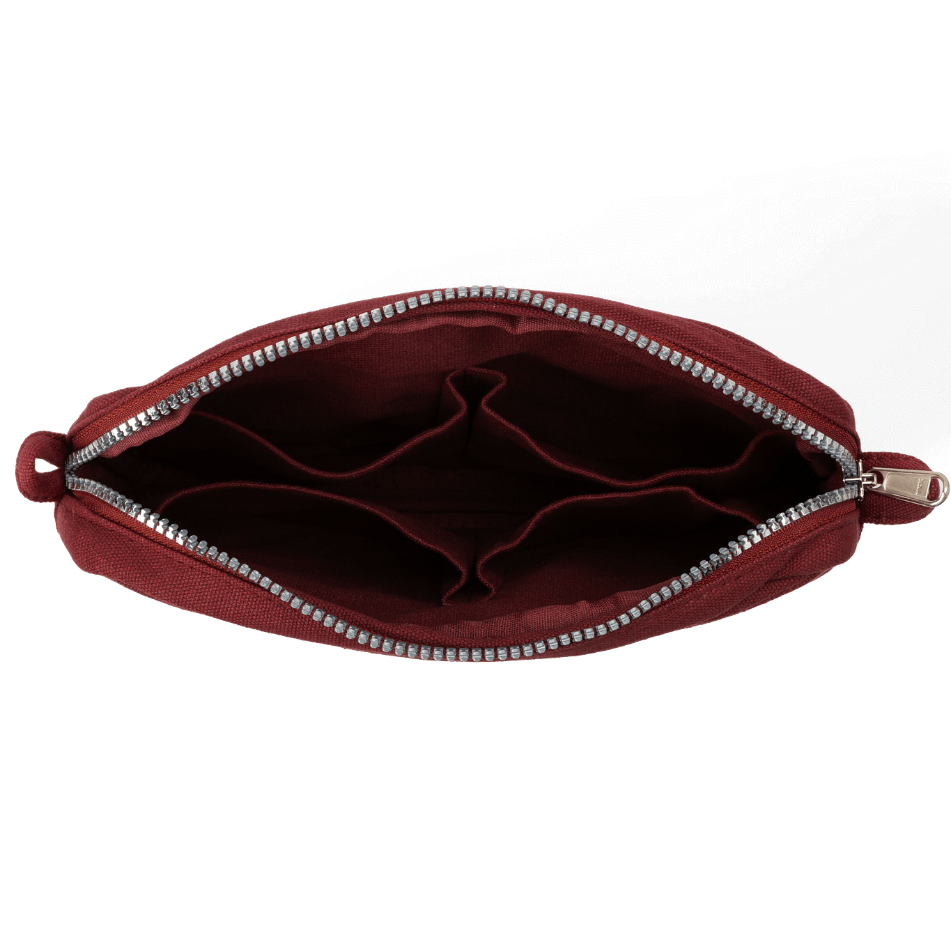 Red pouch with a zipper on a black background