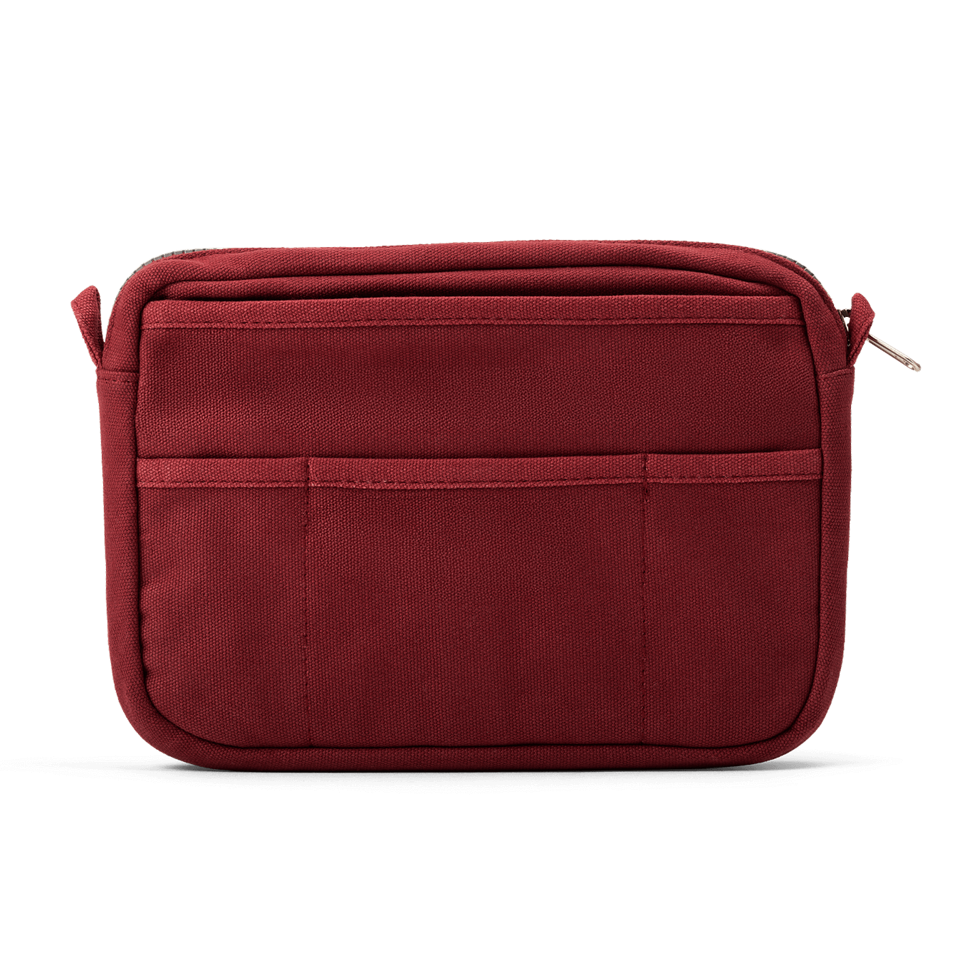 Red pouch with multiple compartments on a white background
