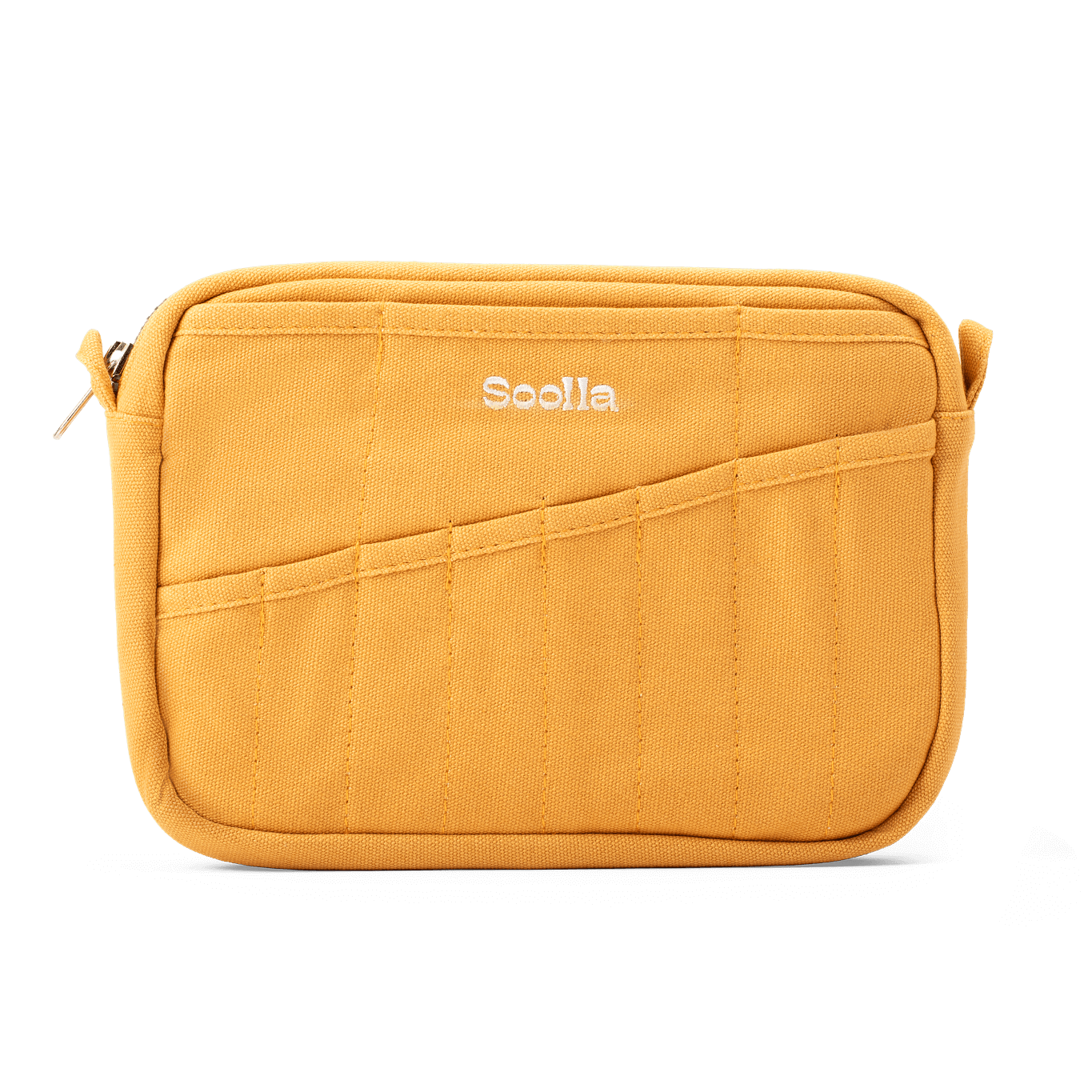 Yellow crossbody bag with 'Soolia' branding on a white background