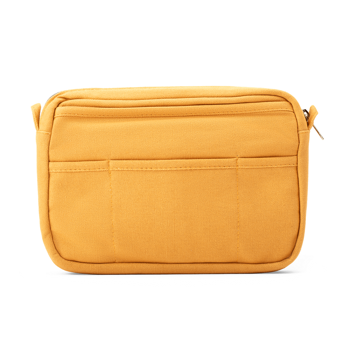 Yellow rectangular pouch with zippers on a black background