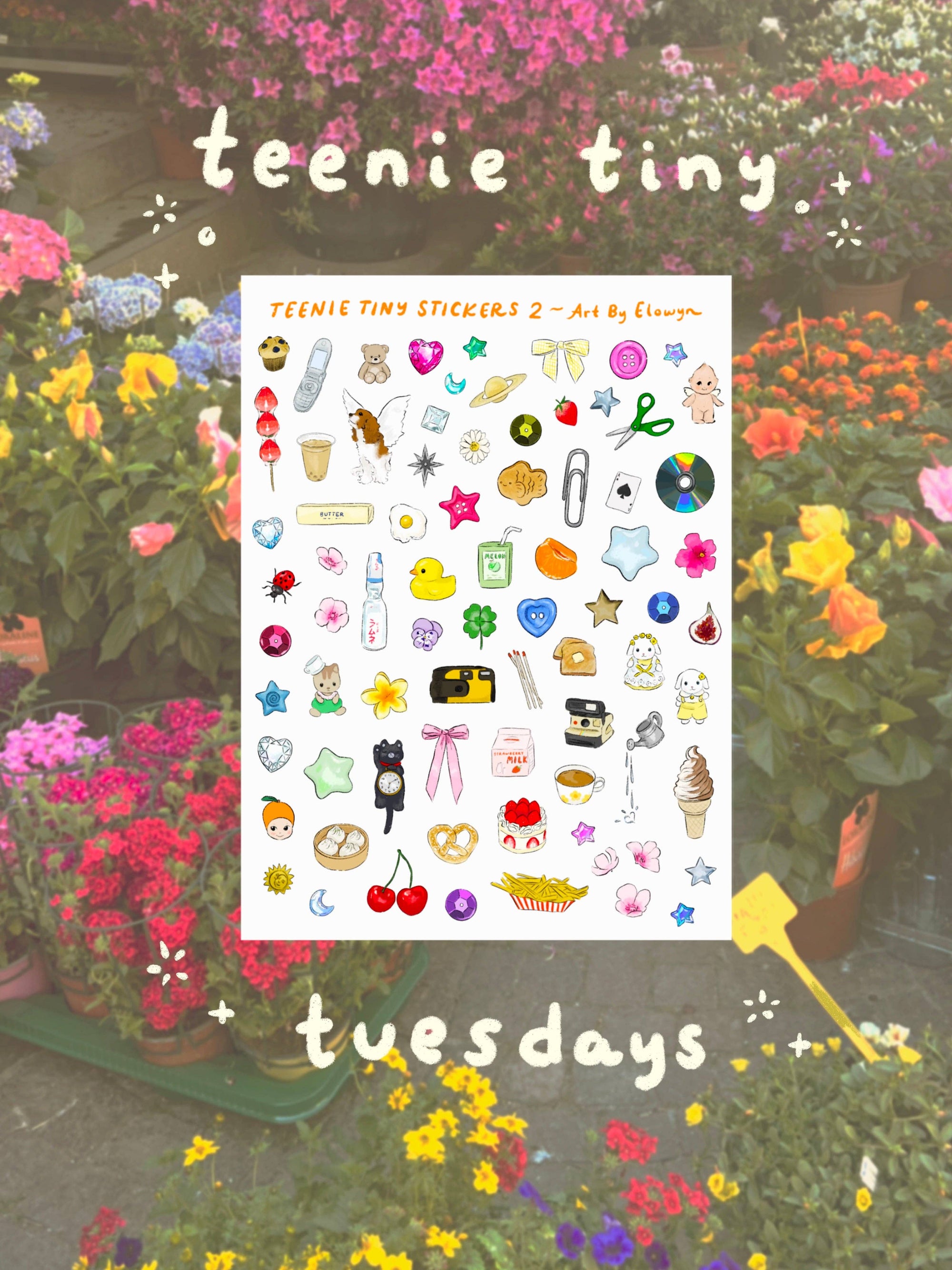 Sticker sheet with various small illustrations on a garden background