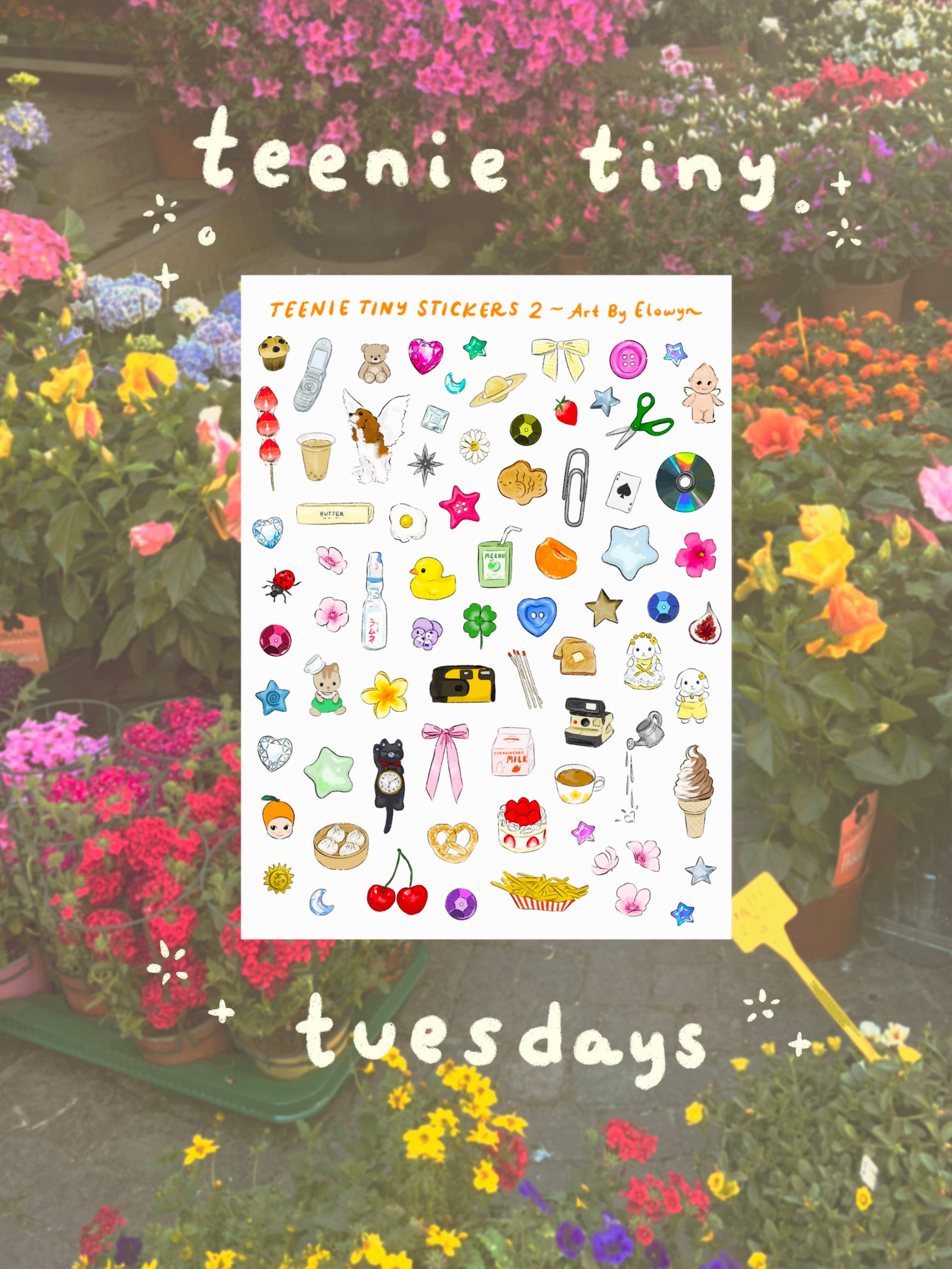 Sticker sheet with various small illustrations on a garden background